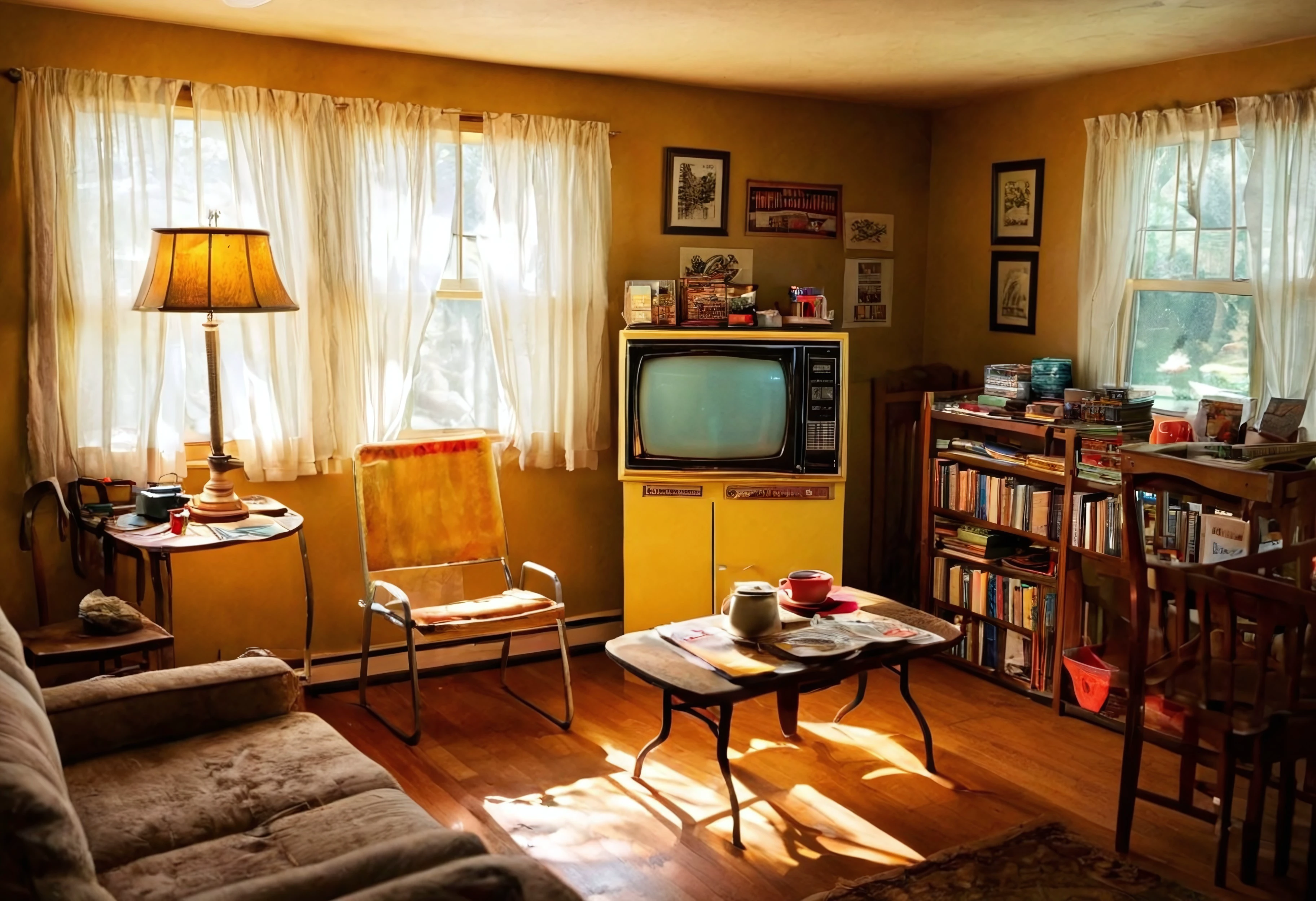 wide angle shot: A nostalgic, cluttered very large living space in a middle-aged American man's home. The kitchen features a yellowed vintage refrigerator and an old microwave with a few carefully placed notes. The living room has a dusty, flickering tube TV, a worn-out sofa, and a small stack of books and magazines on a coffee table, hinting at ADHD without overwhelming the scene. Daylight filters through half-drawn curtains, blending with the soft glow of a yellow lamp. ''licorice pizza'' film atmosphere