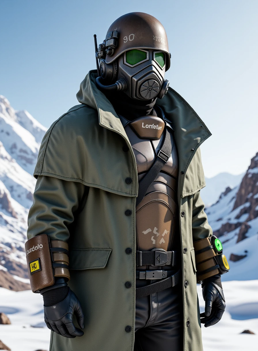 very detailed realistic photography of d3s3rtr4flux, helmet, gas mask, gloves, coat, standing in snowy mountain, <lora:Desert_ranger_VX_-_Flux_Dev:1>