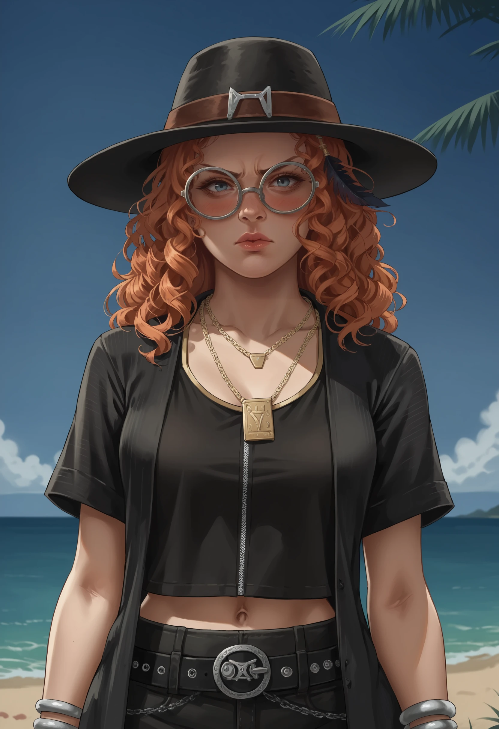 score_9, score_8_up, score_7_up, score_6_up, score_5_up, score_4_up, 1girl, <lora:MikaelaReidDBD:0.8> solo, long hair, orange hair, curly hair, lips, hat, jewelry, glasses, round eyewear, necklace, shirt, belt, bracelet, upper body, standing, angry, blush, from below, looking at viewer, 
(beach background), simple background,