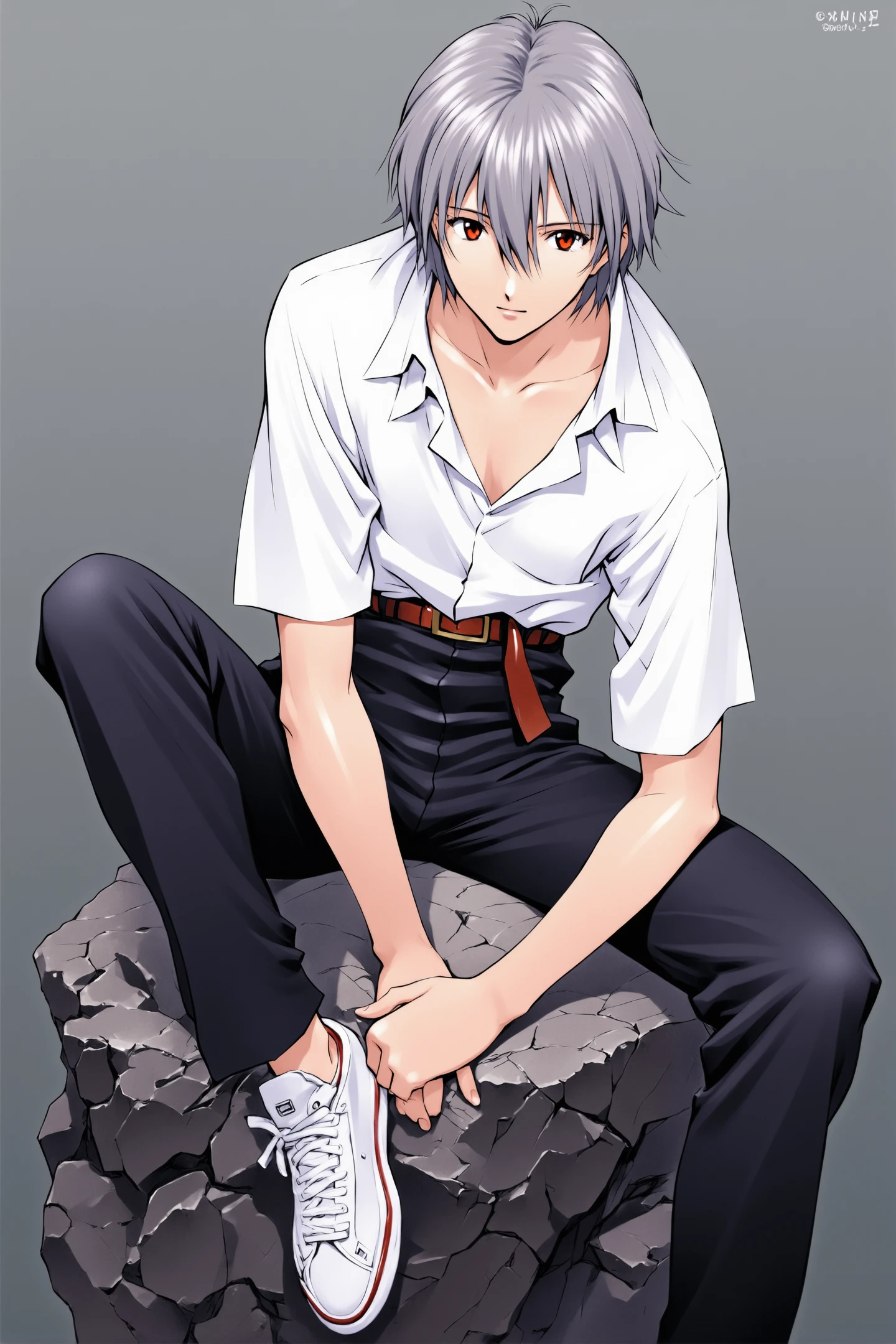 Sadamoto Yoshiyuki Style, nagisa kaworu, 1boy, shirt, male focus, sitting, white shirt, red eyes, solo, pants, belt, black pants, white footwear, grey hair,  looking at viewer, collared shirt, short sleeves, rock, shoes, closed mouth, simple background, grey background, hair between eyes, collarbone, full body, bangs, sneakers, 
<lora:Sadamoto Yoshiyuki_FLUX:1.0>