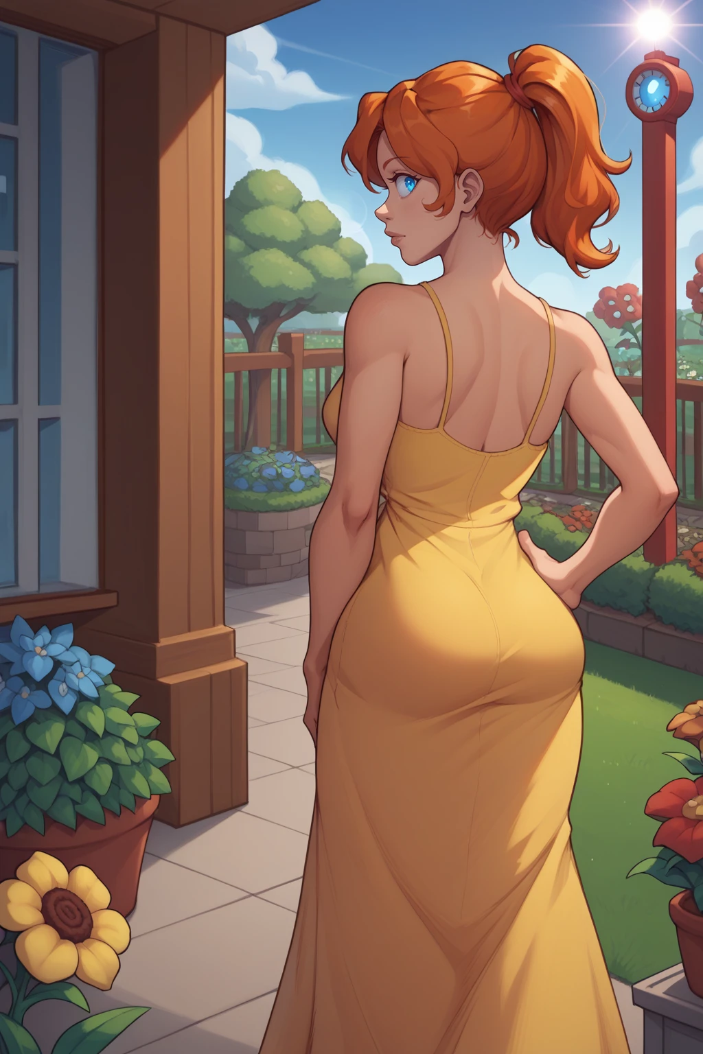 score_9, score_8_up BREAK <lora:NSMechanicTerraria:1> NSMechanicTerraria, blue eyes, orange hair, ponytail, medium hair, yellow sundress, from behind, looking back, garden, spring, sunny, sun, lens flare, hand on hip