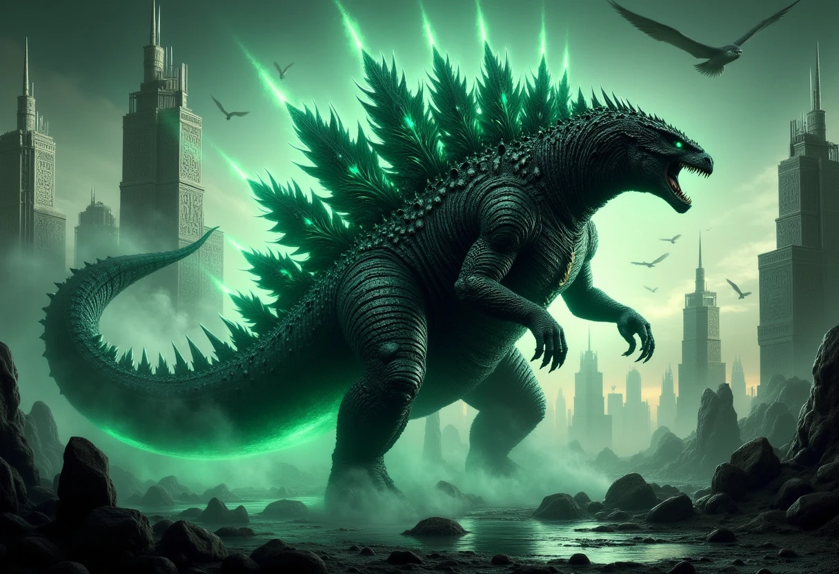 <lora:drkfnsy_pdxl_EliPot:1>, Egyptian dark fantasy Godzilla roaring with green neon glowing dorsal spines on back ,standing in a city with towers and buildings