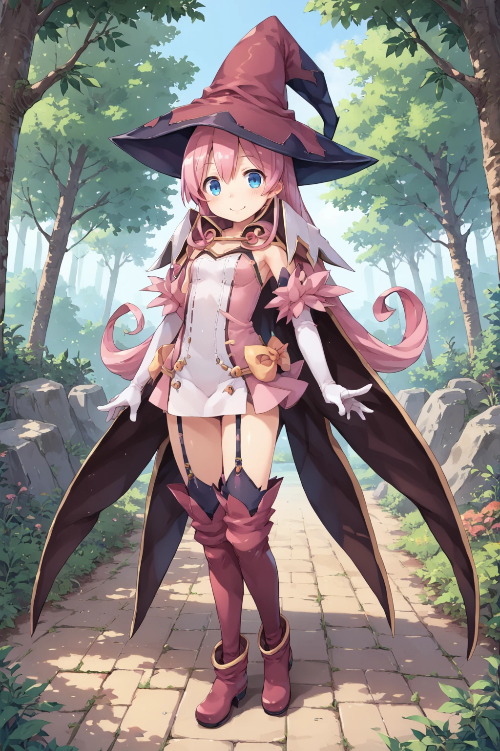 score_9, score_8_up, score_7_up, score_6_up, source_anime, BREAK, <lora:Pamela:0.85> pamdef, 1girl, pink hair, long hair, blue eyes, witch outfit, witch hat, white elbow gloves, cape, zettai ryouiki, garter straps, boots, full body, looking at viewer, smile, happy, scenery, exterior, outdoors, forest, jungle, <lora:backgroundsetXL:0.4> , background,  <lora:m0njy4XLP:0.45> , m0njy4,