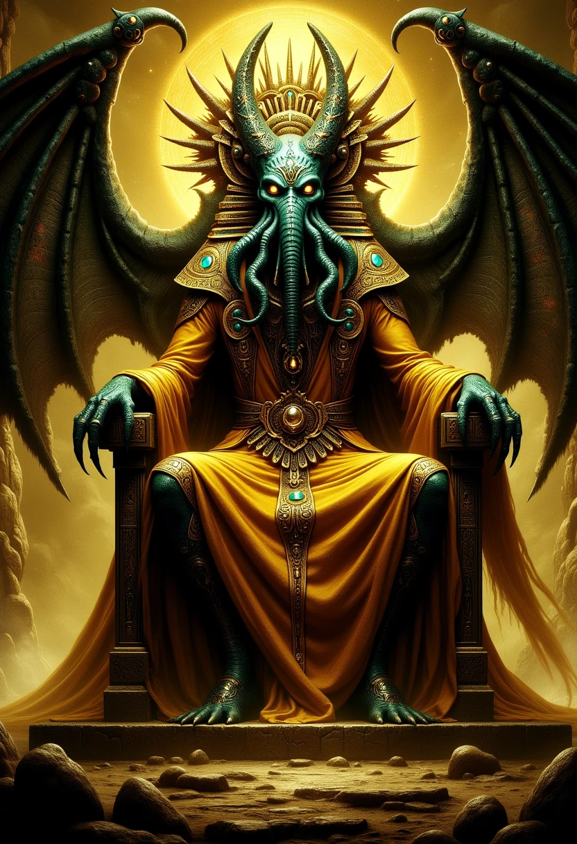 <lora:drkfnsy_pdxl_EliPot:1>, Egyptian dark fantasy a Cthulhu creature wearing a yellow robe with yellow glowing eyes sitting on a throne with large bat wings,