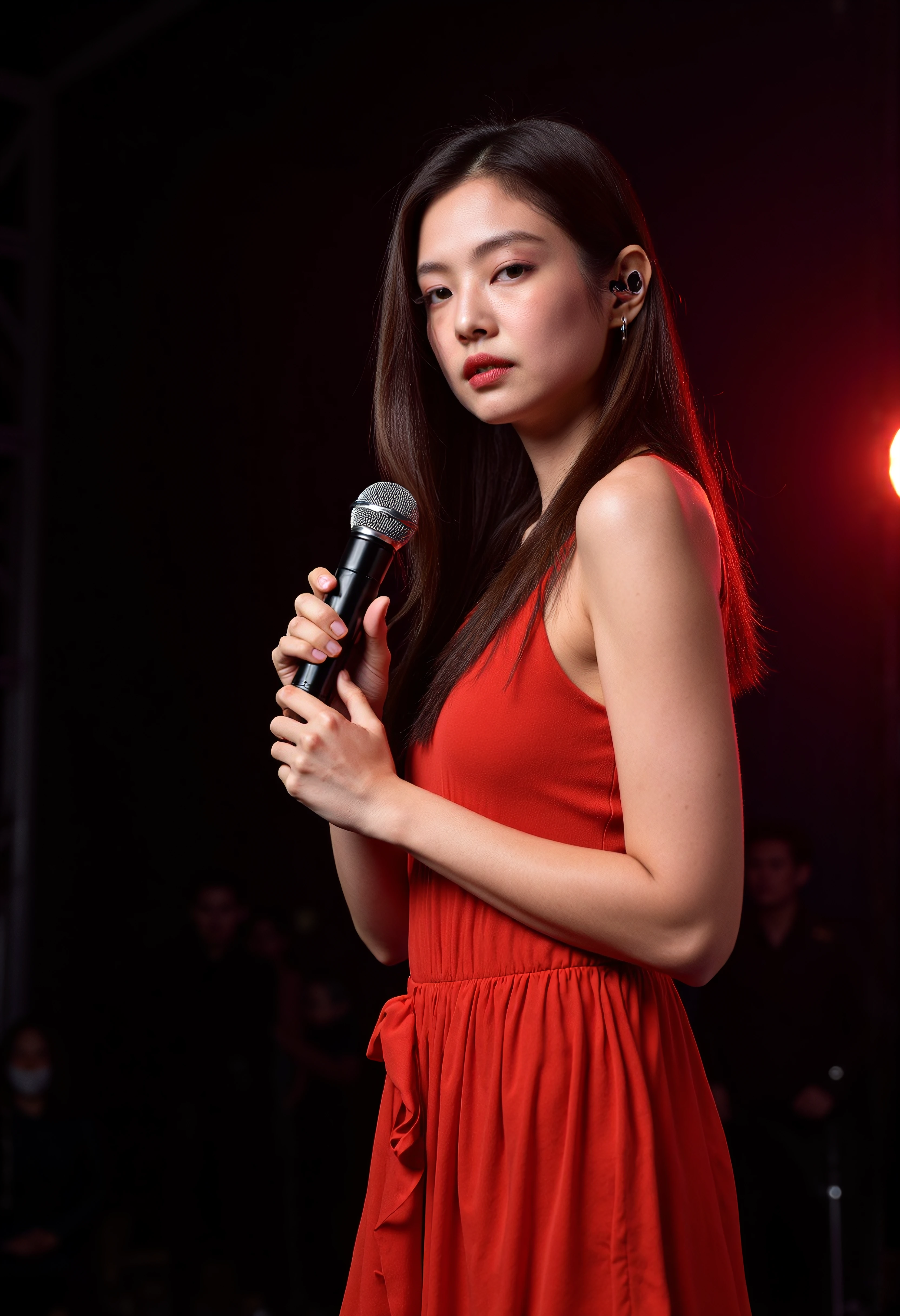 The image is a portrait of a woman posing a concert stage, she is holding microphone