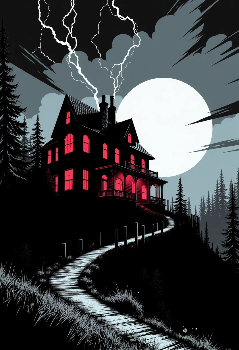 <lora:lnrnr_flux_EliPot:1>, noir comic style with grey with red accents hues, mansion on a hill with a storm above with lighting, from the side at night with white moon in background