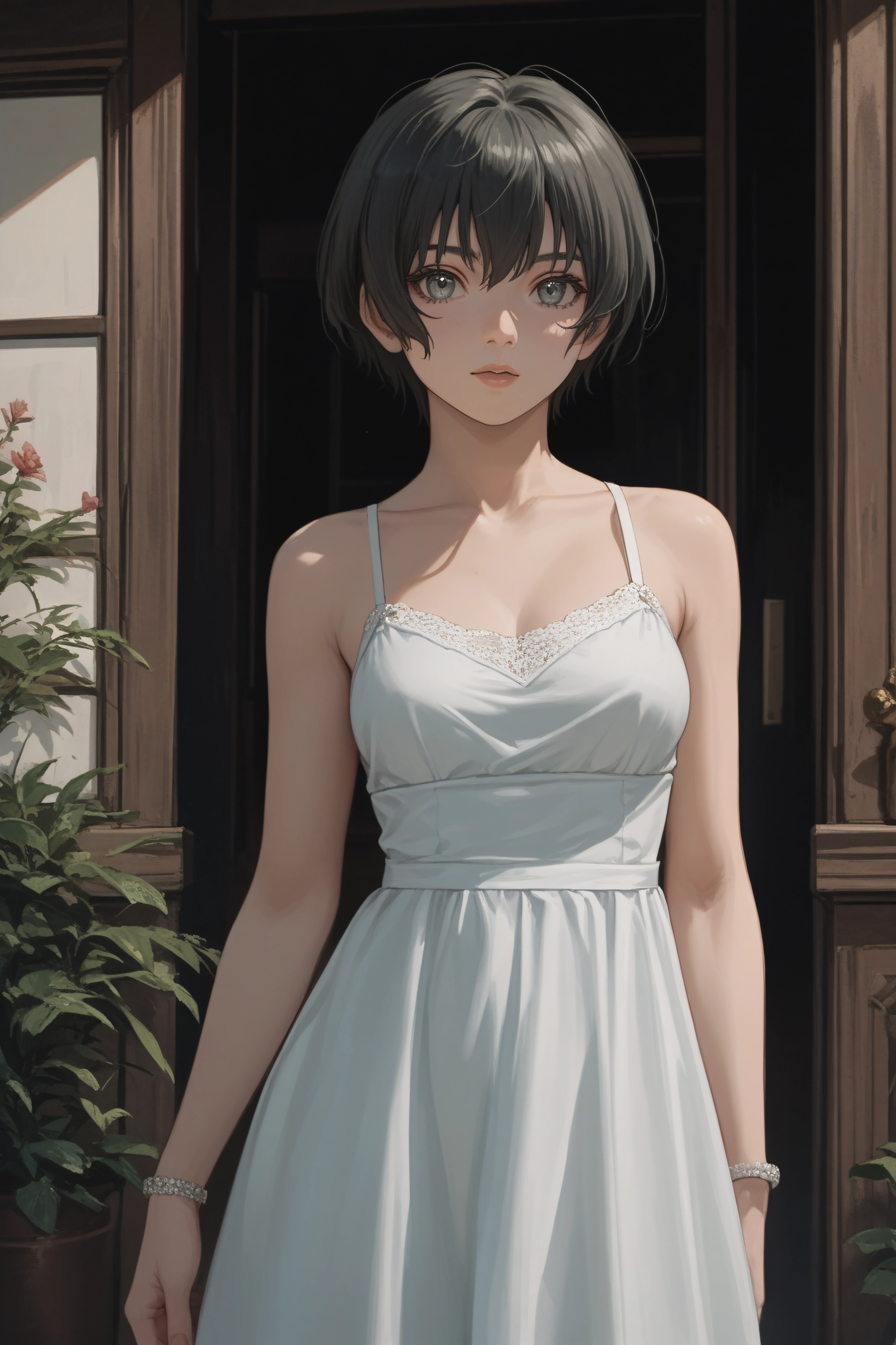 score_9, score_8_up, score_7_up, source_anime, <lora:Ein-PonyXL-lora-Faxtron:1> ein, grey eyes, short hair, medium breasts, dress,