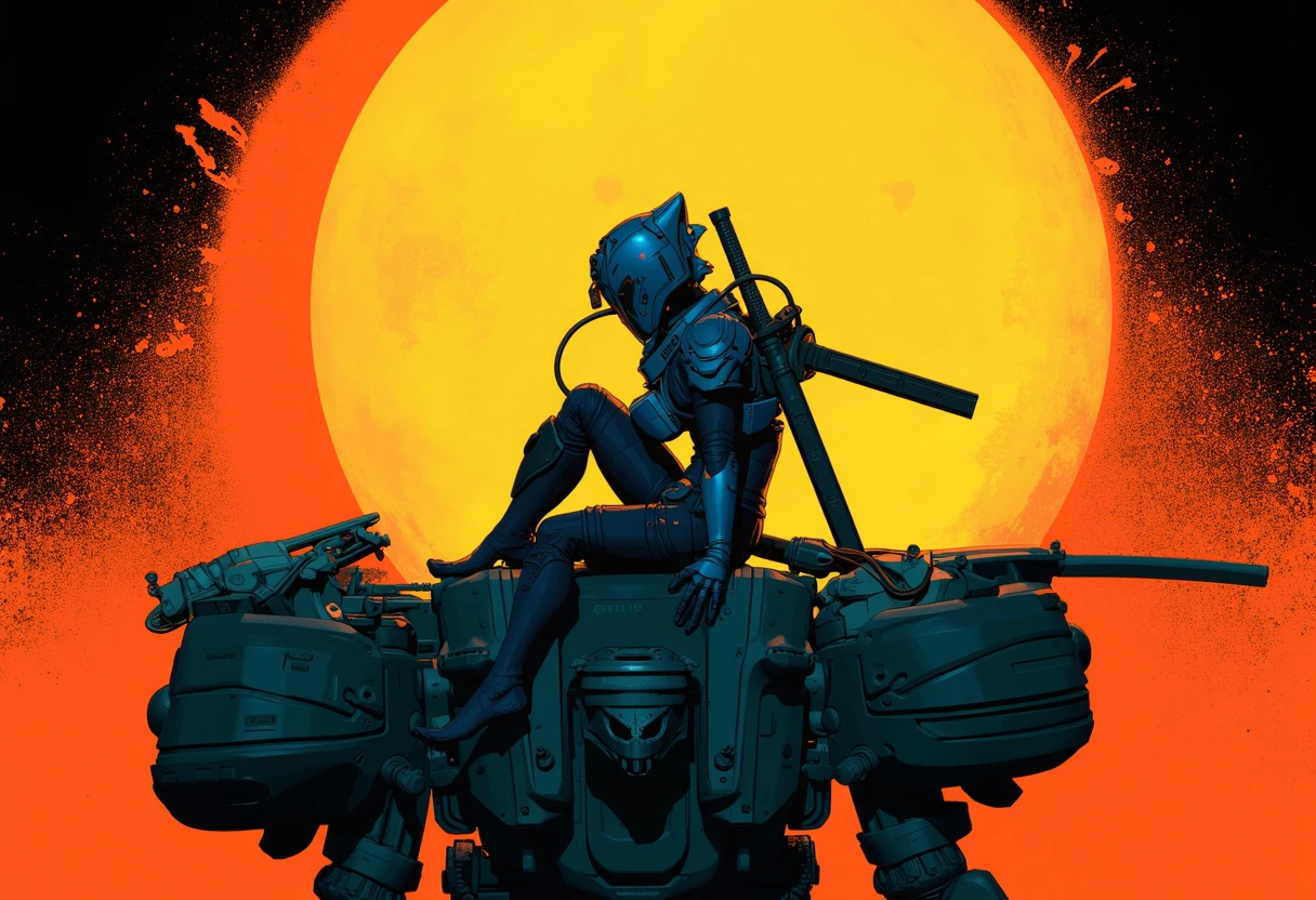 pscl, person sitting in front of a yellow sun with orange scrape marks wearing a blue helmet with hose coming out the front and metal chest plate with shoulder armor and gauntlets and a metal contraption on their back view from side large rectangular sword behind her, sitting on top of a mecha with only the top half of it visible, the orange background has a transparent gradiency that fades in black dots which turns into black background at the bottom with orange dots, there is a orange outline around the mecha