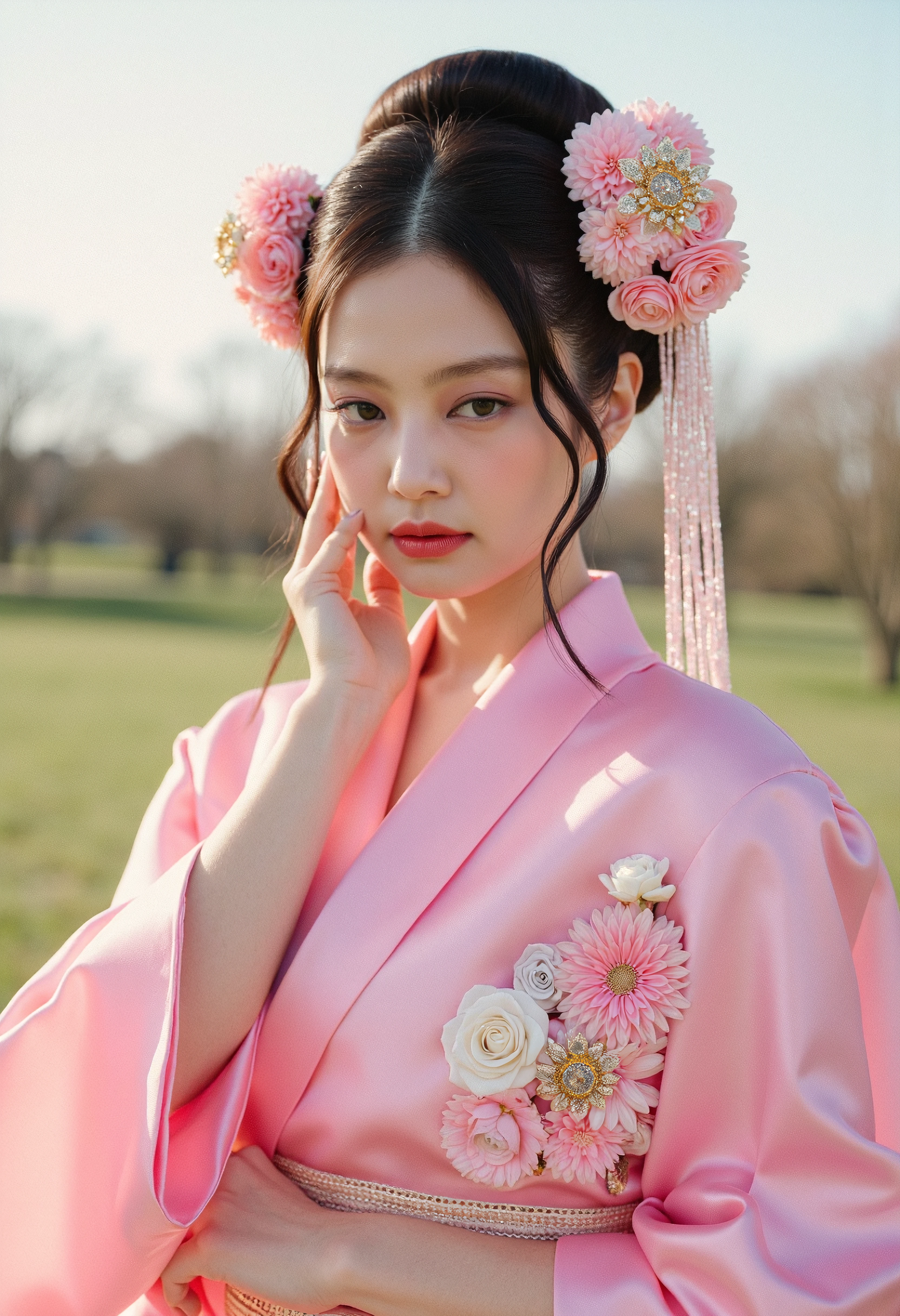 The image is a portrait of a woman posing outside. she is wearing a pink outfit, she has a geisha hairstyle 