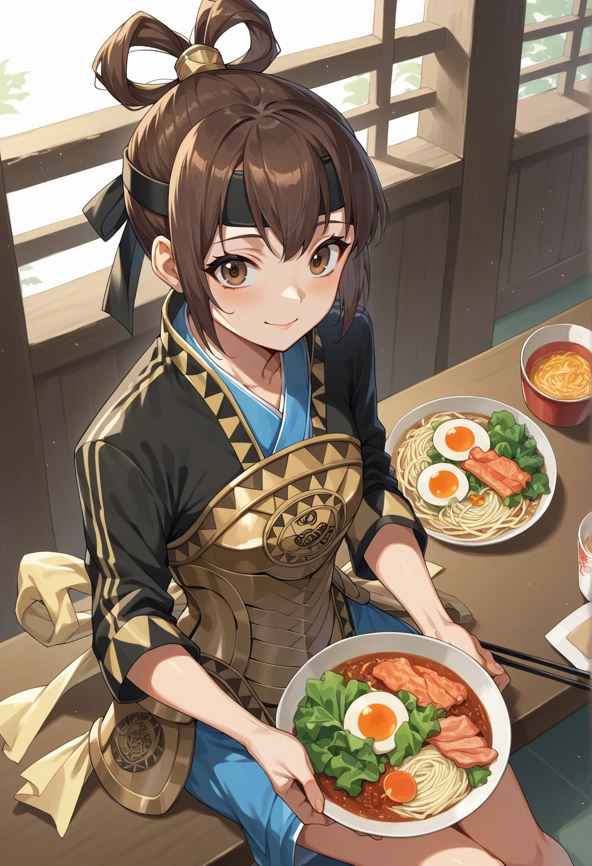 1girl, small breasts, brown hair, hair rings, brown eyes, headband, chinese clothes, black shirt, armor, blue skirt, armored boots sitting, indoors, restaurant, ramen, holding chopsticks, looking at viewer, smile, from above<lora:Miakis_V3:1>, score_9, score_8_up, score_7_up, score_6_up, score_5_up, score_4_up, BREAK source_anime, masterpiece