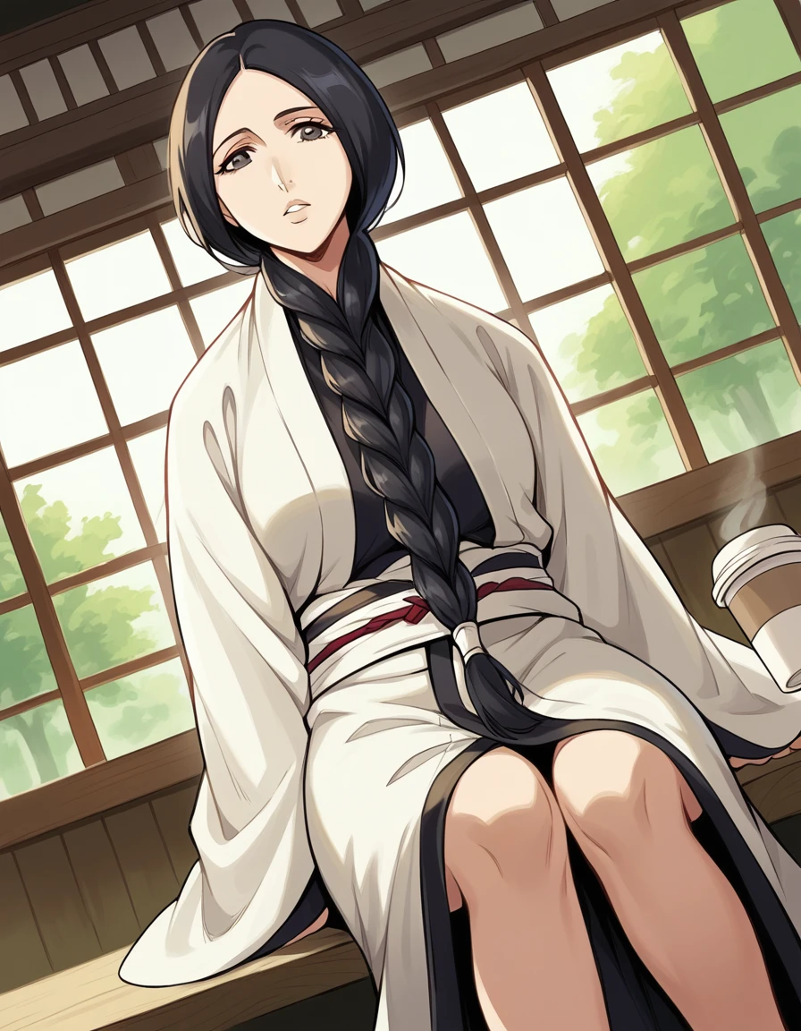 score_9, score_8_up, score_7_up, source_anime, <lora:retsu-unohana-anime-ponyxl-lora-nochekaiser:1>, unohana, long hair, black hair, braid, single braid, large breasts,, japanese clothes, kimono, haori,, cafe, coffee cup, barista, sitting down, talking, relaxing, sunlight through window, , , knee forward, arm behind back, foot on tiptoe, solo,, cowboy shot, dutch angle