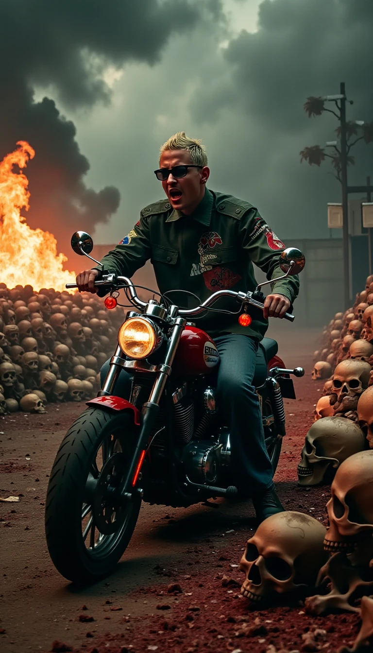 handsome chester_numb riding motorcycle among pile of skulls, sunglasses, sinister, stormy, twilight sky filled with swirling clouds, the ground littered with bones and debris, dark grays, blacks, and browns dominate, accented by fiery orange and red, enhancing the eerie, macabre atmosphere