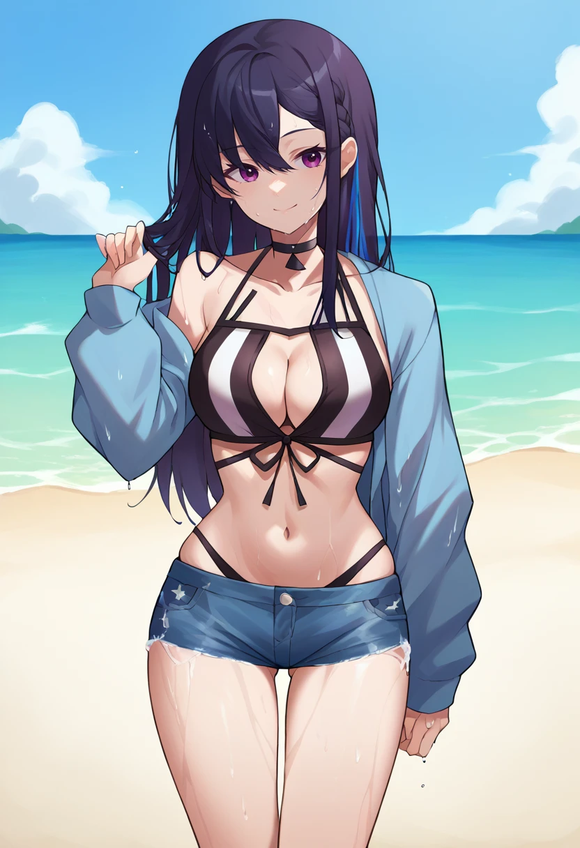 score_9, score_8_up, source_anime, 1girl, solo, IchinoseBikini, long hair, braid, multicolored hair, black choker, black bikini, cleavage cutout, vertical-striped bikini, blue cardigan, denim shorts, outdoors, beach, smile, wet, <lora:ChamIchinoseUruhaPonyXL:1>