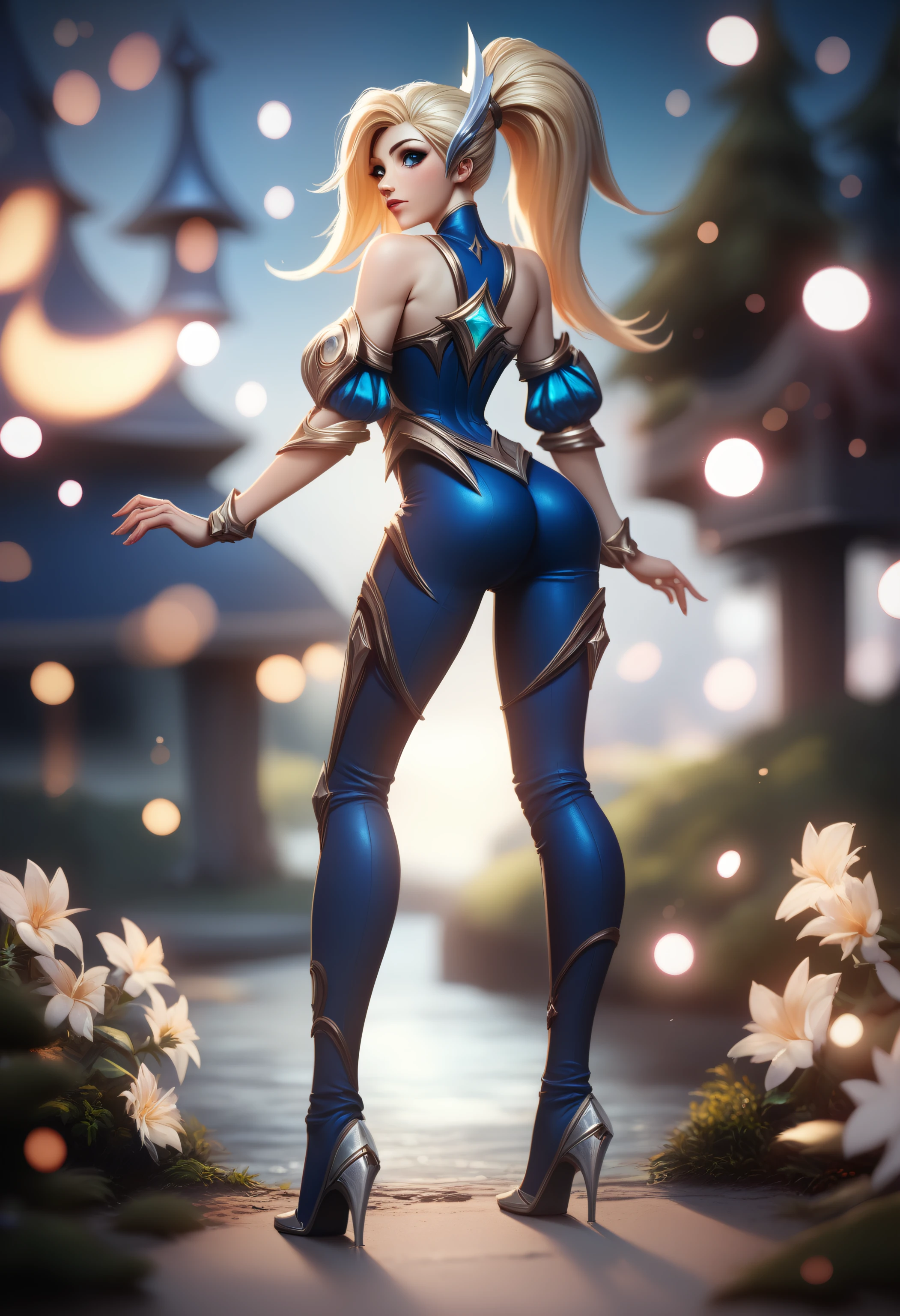 score_9, score_8_up, score_7_up, embedding:d4113, 1girl, lux_(league_of_legends), league_of_legends, 1girl, blonde_hair, blue_eyes, looking back, yokozuwari, outdoors, space station