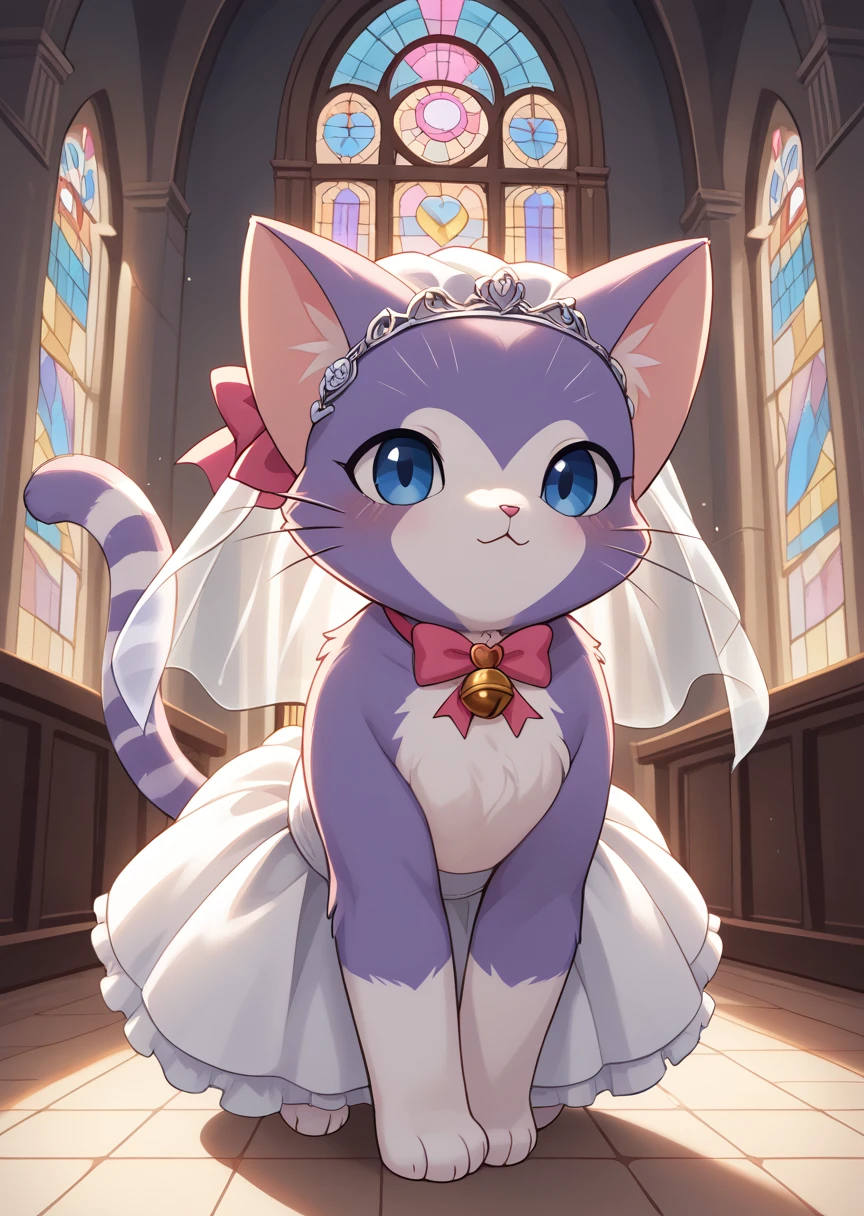 score_9, score_8_up, score_7_up, score_6_up, score_5_up, BREAK
Amanda, solo, blue eyes, bow, ribbon, no humans, bell, cat, pink bow, :<, animal focus, furry, full body, cute, detailed backgrond, church, purple fur, (heart shaped fur), wedding dress, wedding veil