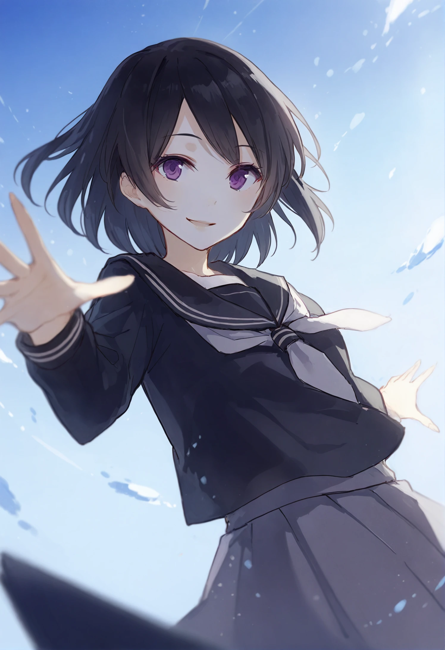 masterpiece, best quality, solo, 1girl, black hair, looking at viewer, parted lips, serafuku, smile, school uniform, upper body, floating hair, simple background, sailor collar, long sleeves, short hair, black sailor collar, blue background, blue eyes, shirt, purple eyes, reaching, reaching towards viewer 
 <lora:junsui0906XLlokr4f-000181:0.95>