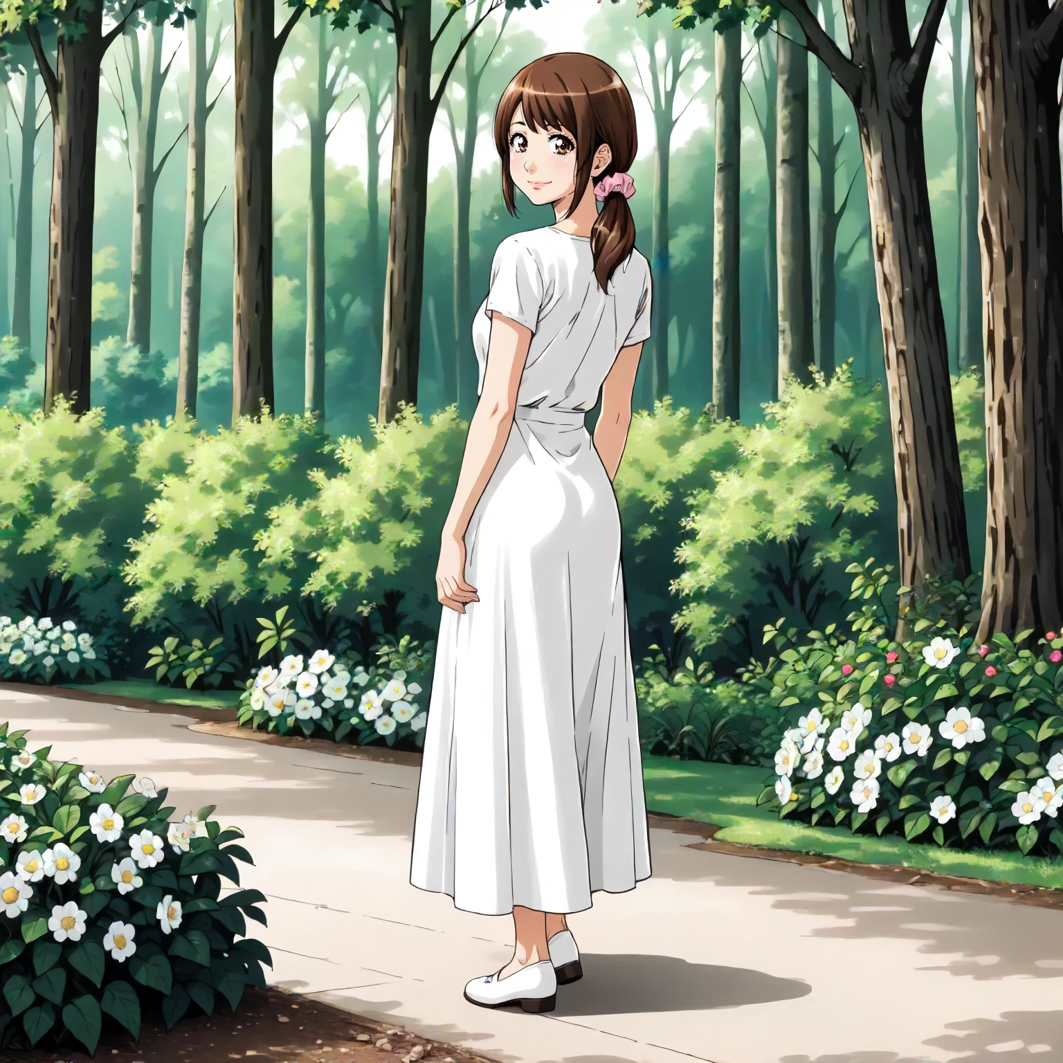 <lora:Us_SaekoXLpony003:0.8>,
outdoors,nature,
smile,
solo,
Saeko,1girl,brown hair,low ponytail,hair scrunchie,brown eyes,
dress,
full body,standing,looking back,