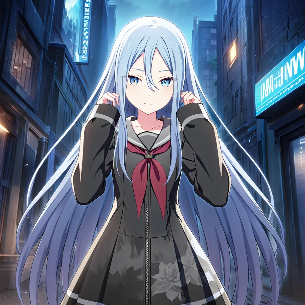 1girl, yoisaki kanade, project sekai, masterpiece, very aesthetic, absurdres, official art, recent,
brandnew kanade, silver very long hair, blue eyes,
(looking at viewer:1.4), light smile, standing, hands on ear, view straight on, BREAK
long sleeves, sleeves past fingers, dark red neckerchief, 
outdoors, dark atmosphere, dark, city of night, midnight,
<lora:sdxl-25-BNKanade03:0.8:lbw=0,0,0.2,0.2,0,0.4,0.4,0,0.8,0.8,0,0,0,0.8,0.8,0.6,0.8,0.0,0.0,0.0,0,0,0,0,0,0>