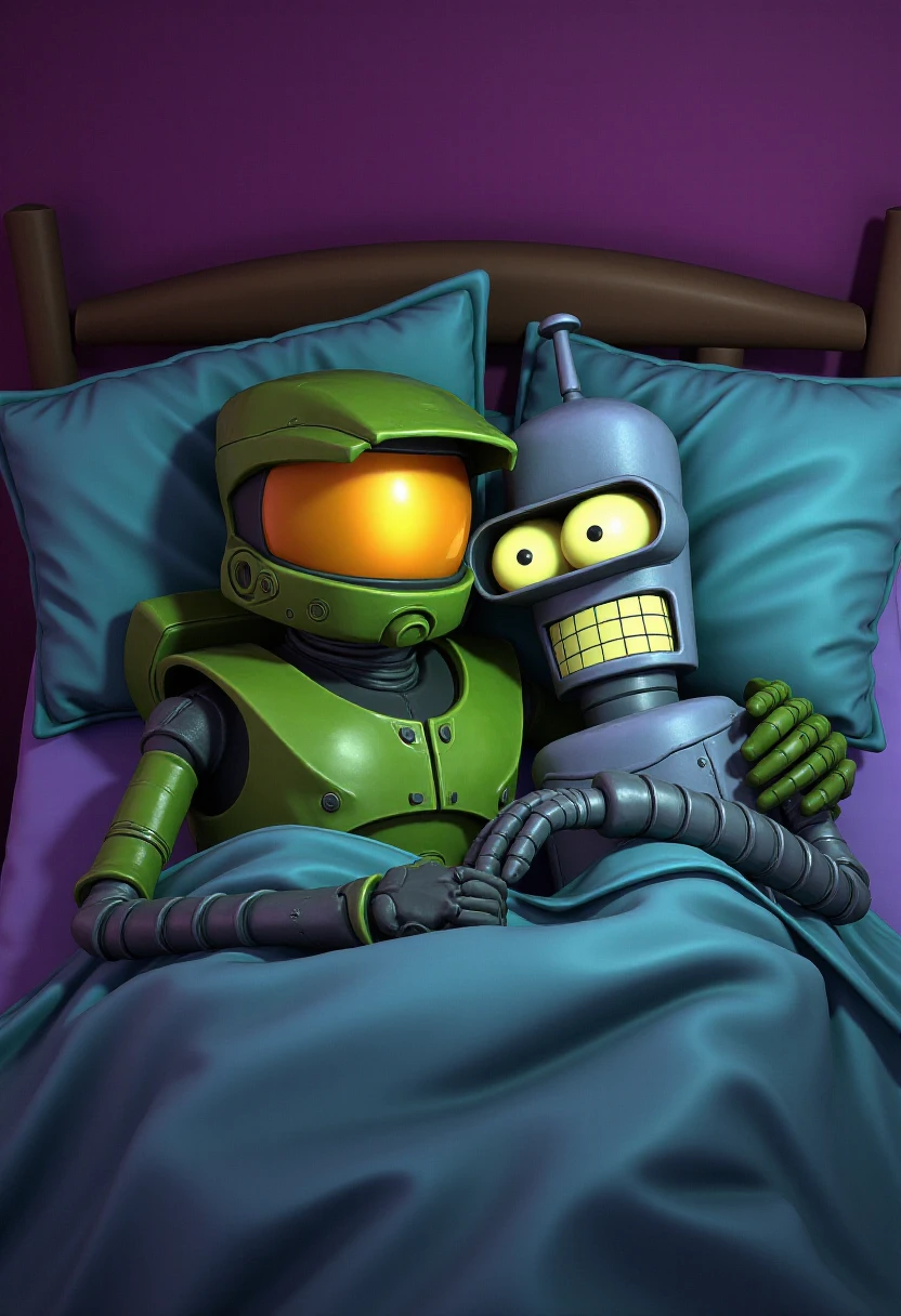 psychonautstyle, Master Chief and Bender lying in bed together, cuddling under the covers.   <lora:Psychonauts_Style_F1D:1.4>