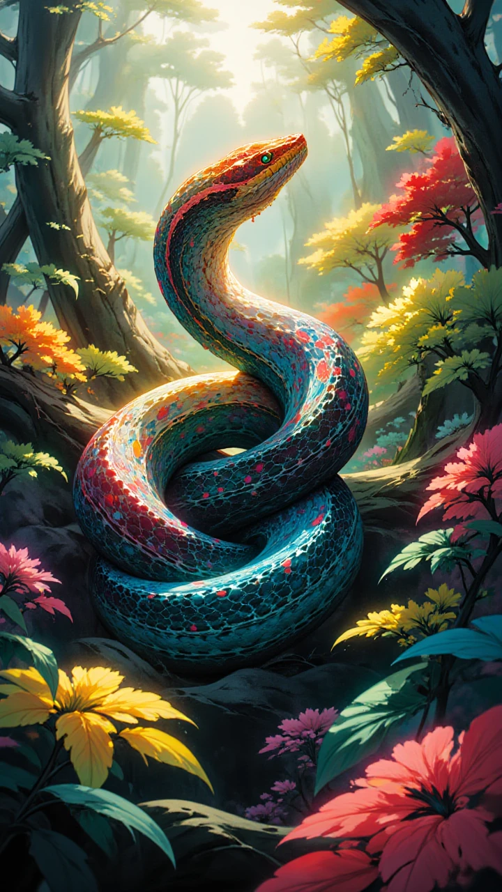 painted world, closeup shot of a tightly coiled up snake, surrounded by colorful leaves in a jungle,colorful trim covers the body,visually striking patterns, breathtaking shot, dynamic shot, background blur,dutch angle, looking at viewer, background blur, 1990's analog amateur photograph
