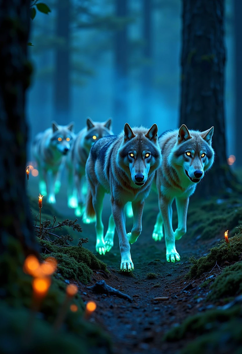 Imagine a pack of wolves moving silently through a dark, misty forest, their fur glowing with an eerie, bioluminescent light. Each wolf is illuminated in shades of icy blue and ghostly green, their eyes glowing like lanterns in the night. The alpha wolf leads the pack, its fur the brightest, casting light onto the path ahead. As they move, the mist around them swirls and dances in the glow of their bioluminescence, creating an almost spectral atmosphere. The ground beneath their paws is covered in glowing moss and fungi, lighting up with each step they take. The trees around them are dark and ancient, their bark absorbing the light from the wolves, adding to the sense of mystery and magic in the scene. The overall mood is one of silent power and ethereal beauty, as the wolves move as one through their bioluminescent world.