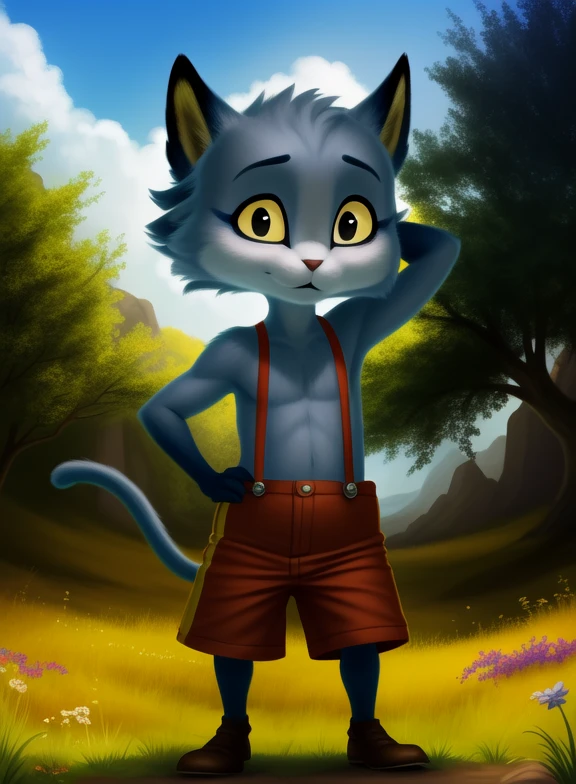 <lora:ChaleyGobYPYif:1> ChaleyGobYP, yellow sclera, black eyes, black ears, gray fur,  dark blue paws, red pants with suspenders, purple eyeshadow,  cat tail, chibi,
Looks at the viewer, Four fingers, solo, ((Hands on hips, standing,hand behind head,))
[ large window, (nature), forest, grass, day shining, clouds, flowers, ]
(beautiful, aesthetic, perfect, delicate, intricate, saturated colors), masterpiece, digital drawing, best quality,
[by personalami], by smitty g, [[[by Foxovh]]], [[by Ross Tran]]