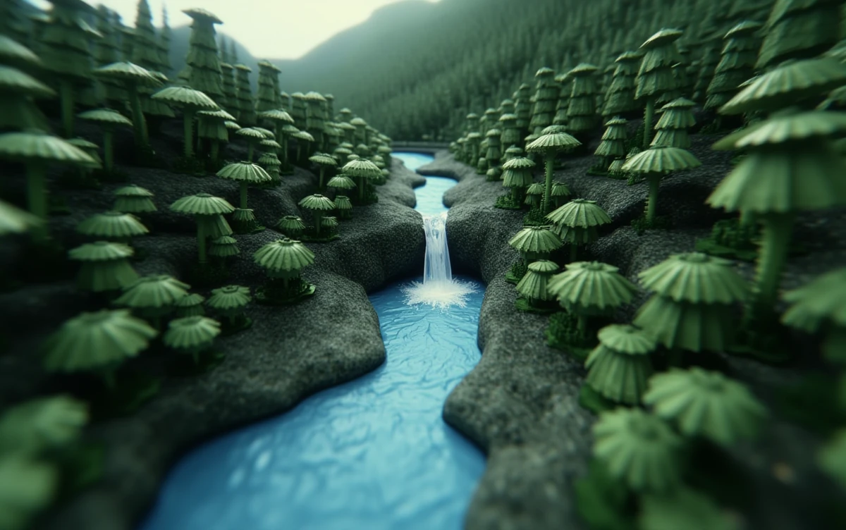 aerial view miniature of a jungle in the style of MinG0t. waterfall 