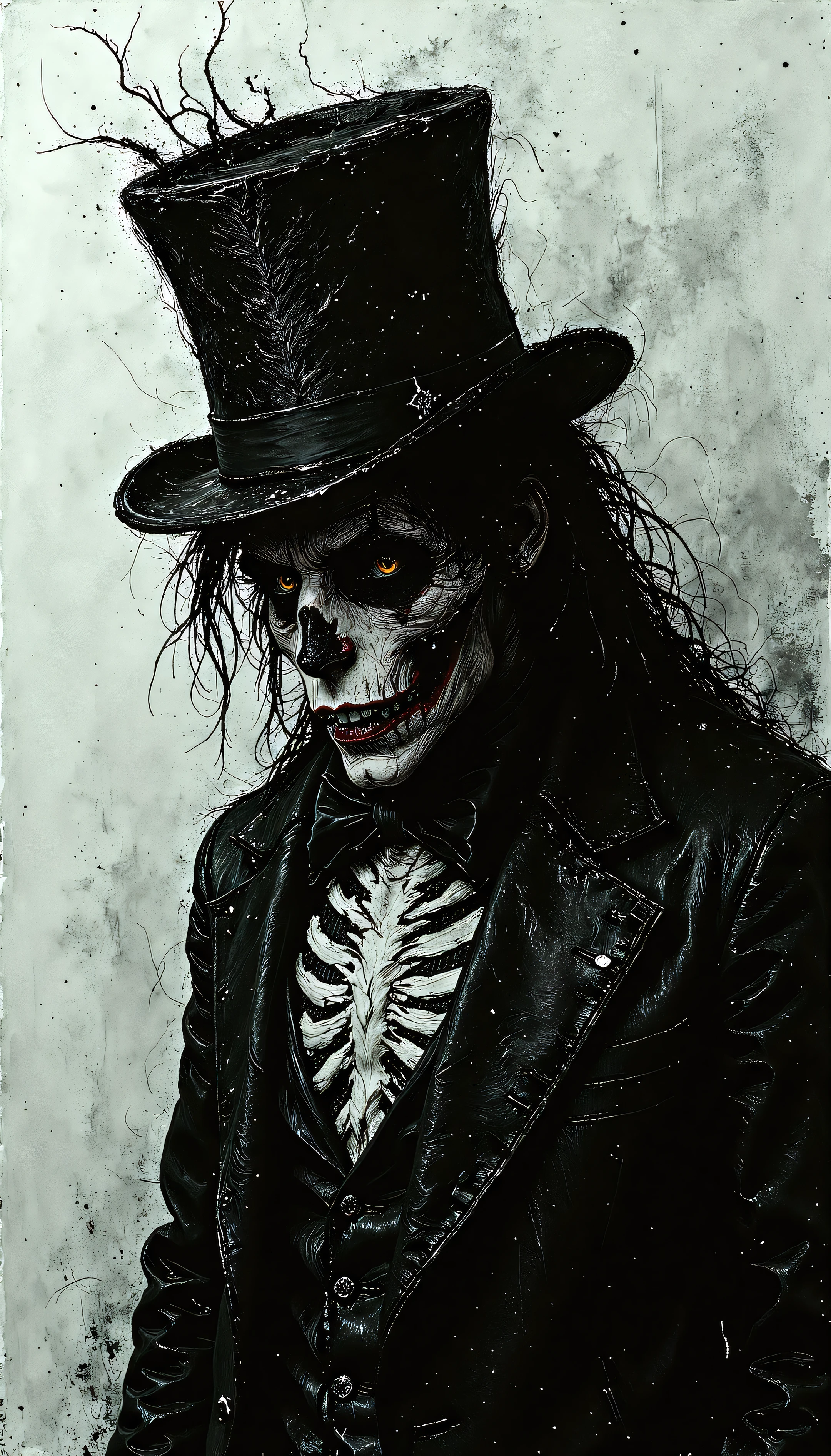 devast8,visually stunning magical energy in a vacuum, "long haired Skeleton in a Tophat" by Clive Barker,expressive, emotional