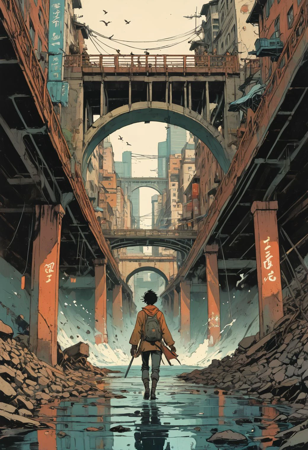 grainy, noise,
daemon , chase under the old bridge, intricate, complexe urban background, full of details, epic, action, cinematic, motion trails,
by Jason A. Engle Gerald Brom, Victo Ngai Katsuya Terada,
