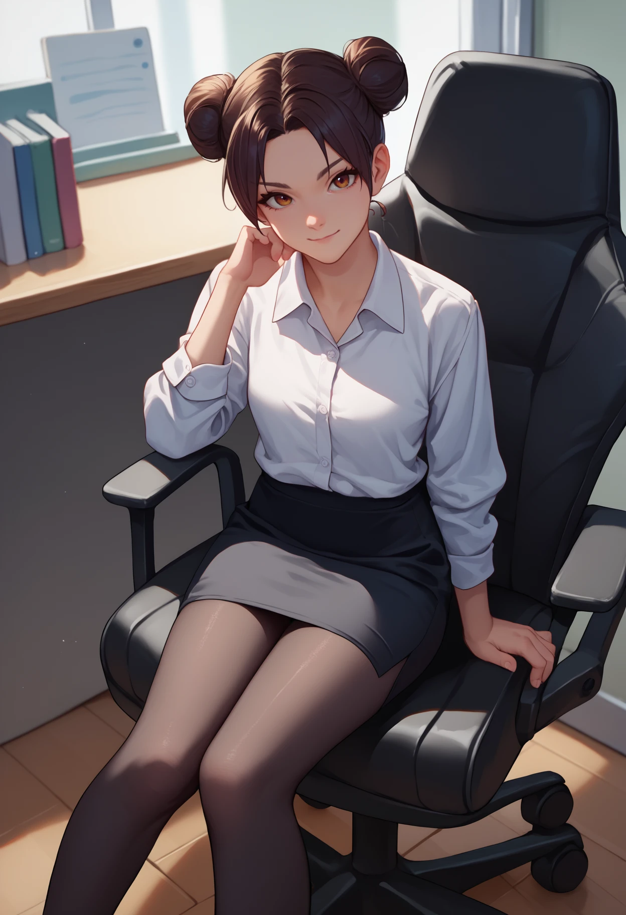 score_9, score_8_up, score_7_up, source_anime, solo, 1girl, t3nt3n, light smile, looking at viewer, sitting, swivel chair, double bun, white shirt, collared shirt, black skirt, pencil skirt, black pantyhose, indoors, office
<segment:yolo-face_yolov8m.pt,0.4,0.5//cid=1>