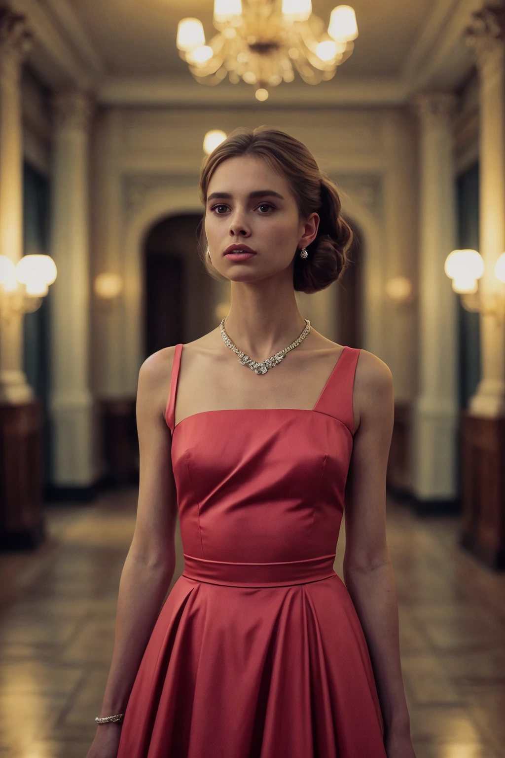 [VOGUE MAGAZINE PHOTOSHOOT] of an English woman wearing a flowing red sleeveless dress, standing elegantly in a grand ballroom, surrounded by chandeliers and ornate decor, with vibrant bubblegum pastel lighting, in the style of Wes Anderson. The woman's hair is styled in a classic updo, and she is adorned with delicate jewelry. The overall aesthetic is a striking blend of classic elegance and modern whimsy, reminiscent of a Wes Anderson film.   <lora:Maryam_dAbo:1>, RAW candid cinema, 16mm, color graded portra 400 film, remarkable color, ultra realistic, textured skin, remarkable detailed pupils, realistic dull skin noise, visible skin detail, skin fuzz, dry skin, shot with cinematic camera