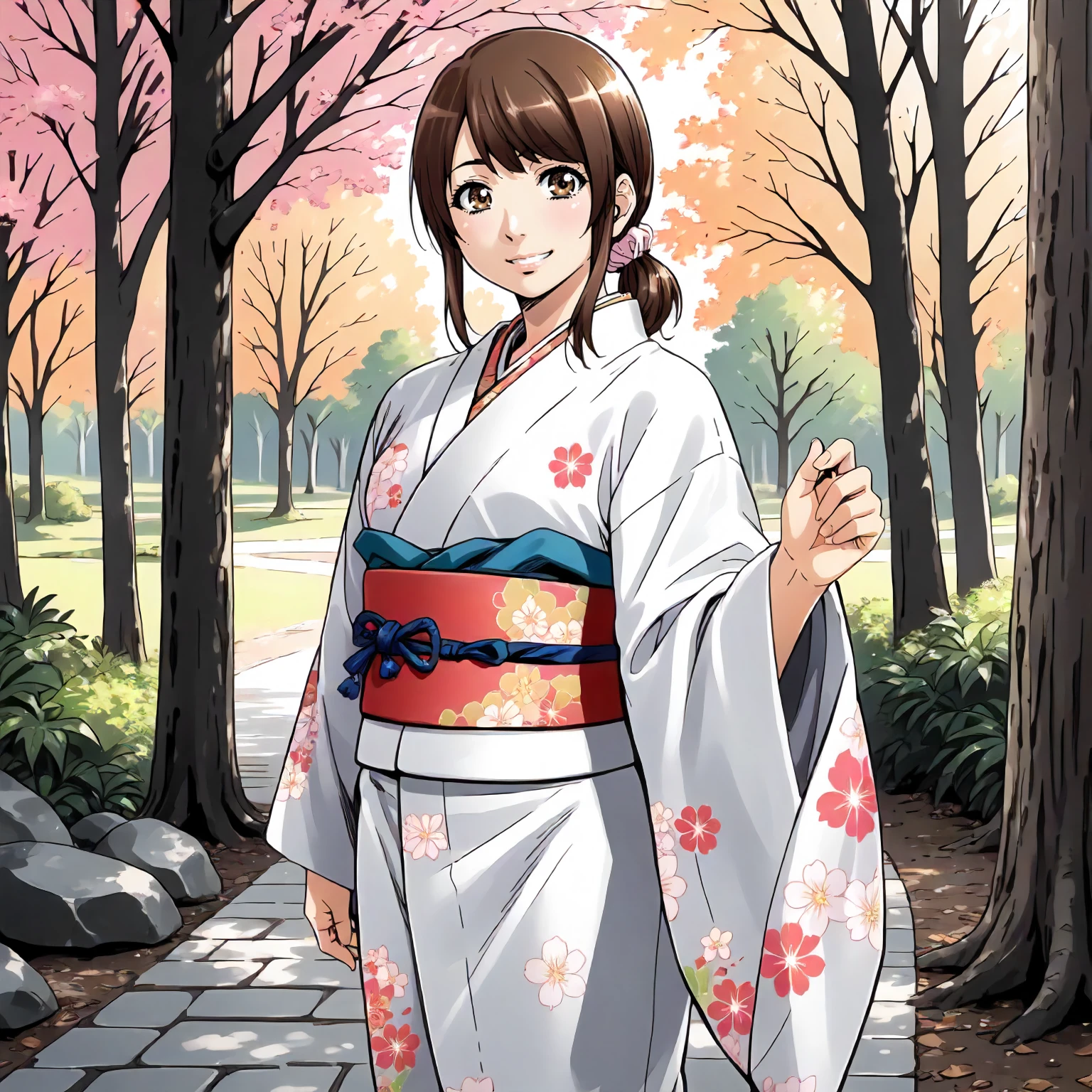 <lora:Us_SaekoXLpony003:0.8>,
outdoors,nature,
smile,
solo,
Saeko,1girl,brown hair,low ponytail,hair scrunchie,brown eyes,
print_kimono,