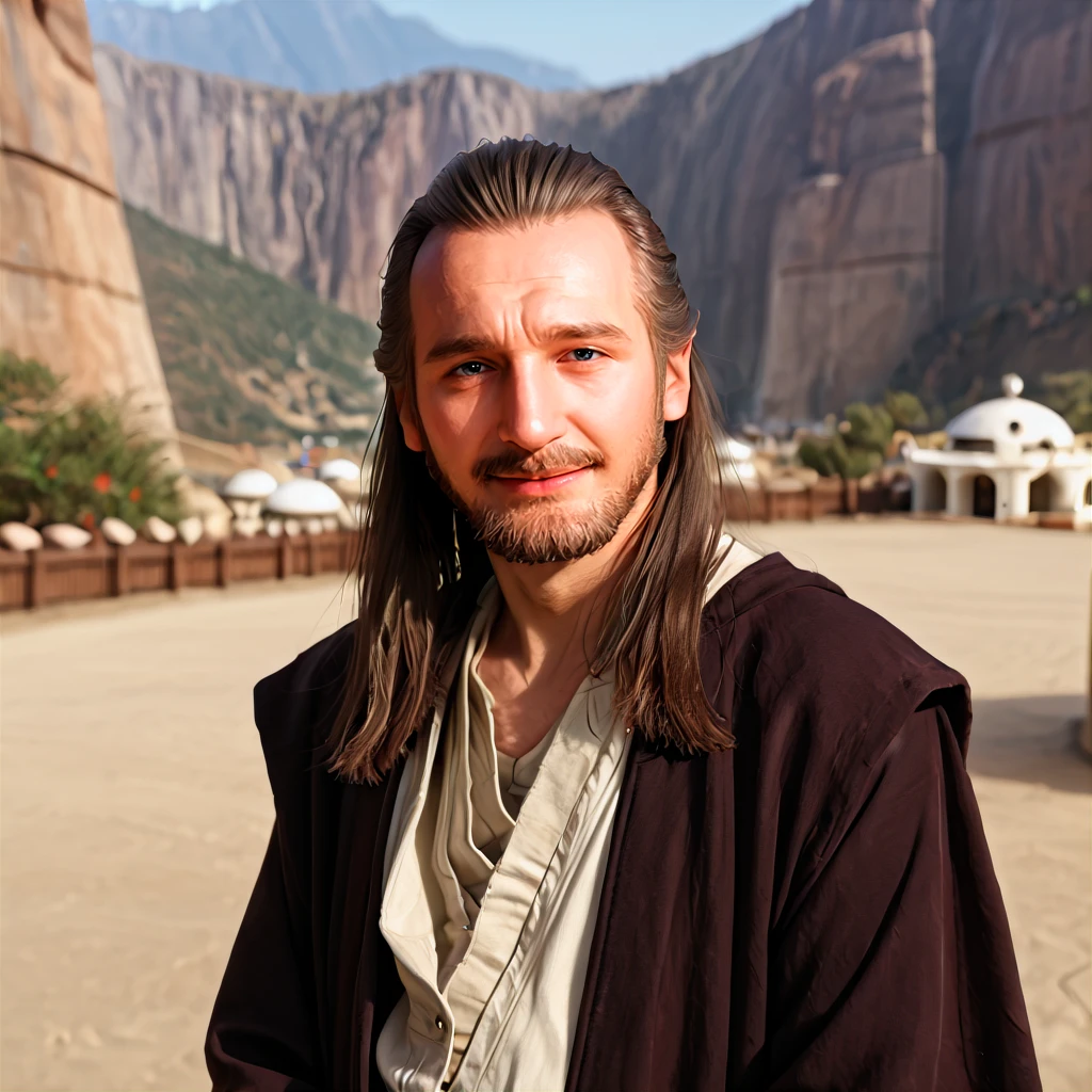 photorealistic, 4k UHD, <lora:SW_Qui-Gon_Jinn:1> qui-gon jinn standing with his hands out from his sides, star wars, male focus, gray hair, old man, facial hair, 1boy, beard, solo, long hair, realistic, mustache, brown hair, science fiction, blurry background, wry smile, character portrait, looking at viewer,   <lora:Tatooine_Homestead:1> Tatooine, homestead, scenery, outdoor, mountain, red sky, bag, hood, standing, two suns