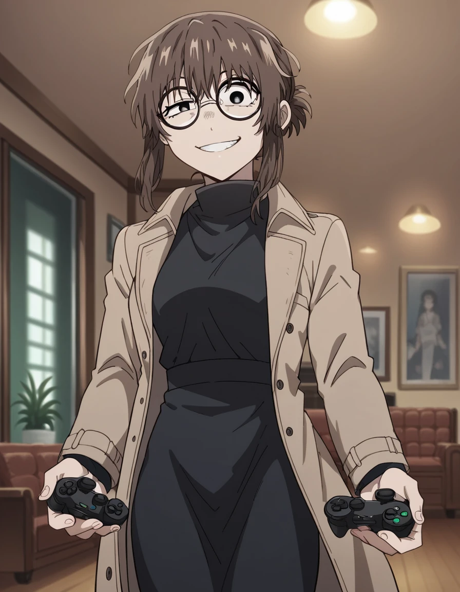 score_9, score_8_up, score_7_up, source_anime, <lora:anko-uguisu-s1-ponyxl-lora-nochekaiser:1>, anko uguisu, short hair, brown hair, glasses, black eyes,, dress, black dress, coat, turtleneck,, living room, video game, controller, competitive, fun, afternoon, smile, looking at viewer, hand touching face, foot pointed, elbow up, solo,, cowboy shot, dutch angle