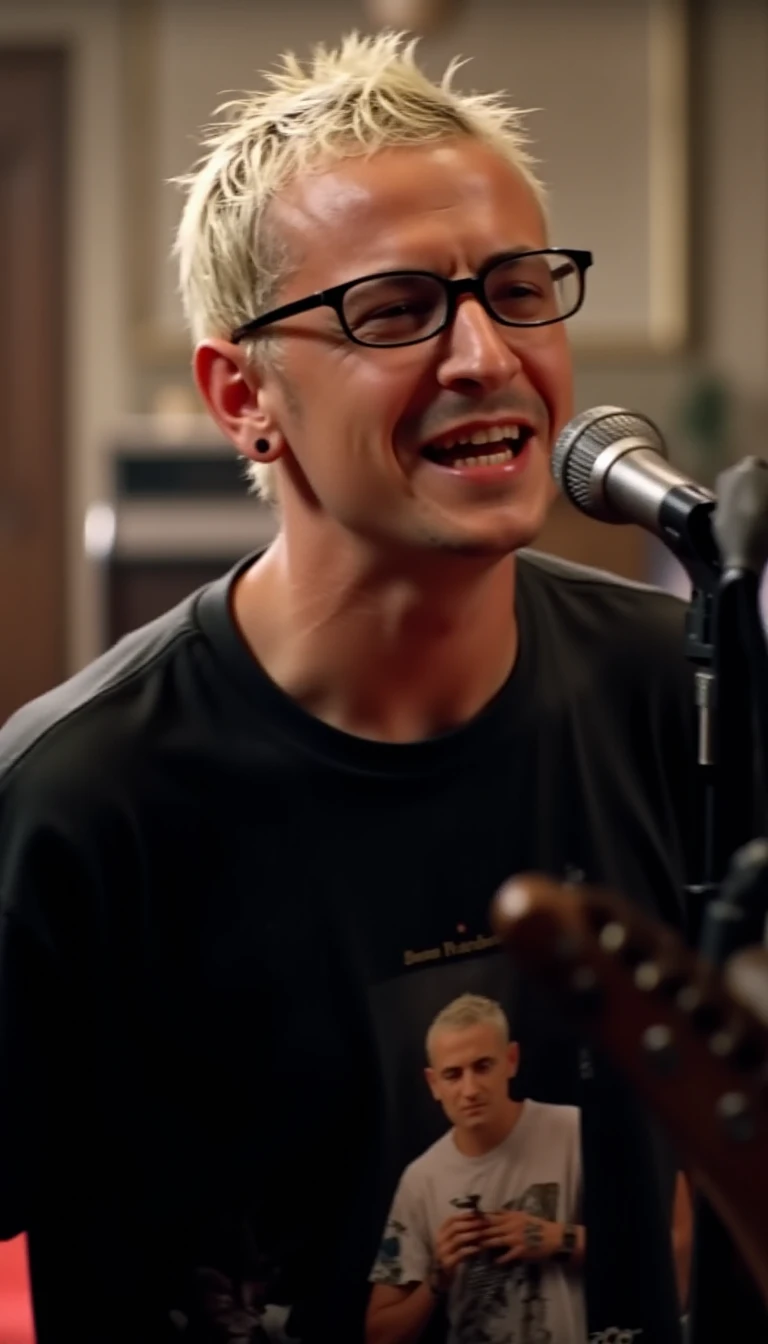 portrait, photograph of Chester_numb, upper body High resolution, highly detailed, He is wearing a black shirt with a picture of a man on it. He has short blonde hair and is wearing black glasses. There is a red carpet on the floor behind the man. Part of a black speaker can be seen sitting on the carpet., (look at viewer) bokeh background, sunlight morning, sunburnt, detailed eyes,  (smirking:0.4),  <lora:add_detail:0.5> <lora:bernardovelasco:0.8> bernardovelasco, 