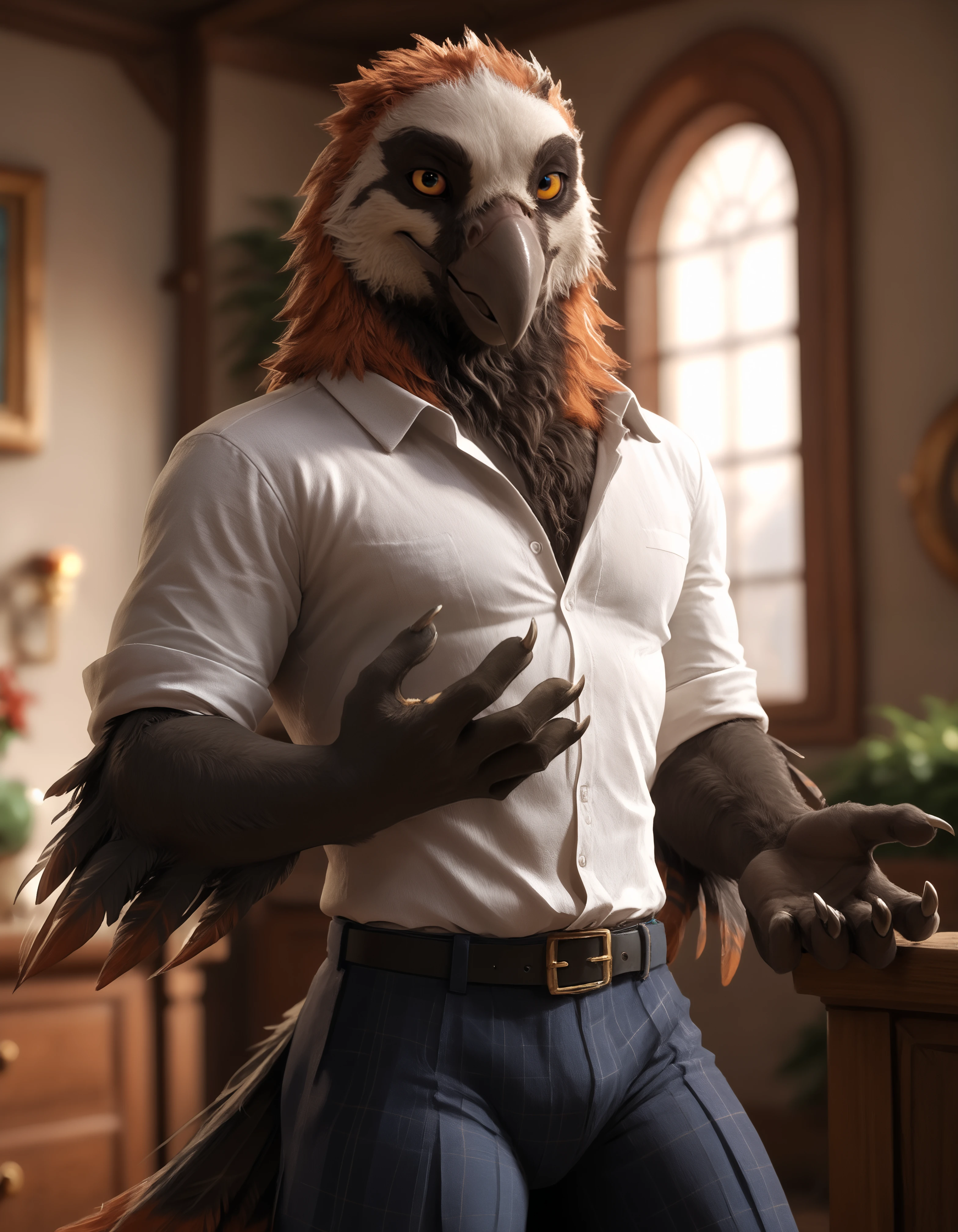 score_9, score_8_up, score_7_up, BREAK (anthro, furry:1.1), depth of field, cinematic lighting, masterpiece, (detailed hands:1.25), best quality, ultra realistic, 4k, 2k, film photography, RAW photo, photorealistic, analog style, subsurface scattering, photorealism, embedding:unaestheticXL_bp5, embedding:zPDXL,(best quality, high quality, 8K:1.5), <lora:add-detail-xl:2.5>, <lora:fix_hands.safetensors:2.0>, <lora:2.5DRealisticV2.safetensors:0.2>, <lora:sinfully_stylish_SDXL.safetensors:0.6>, <lora:AdvancedEnhancerXLv2.safetensors:1.0>, (hi res), ((masterpiece)), ((best quality)), illustration, <lora:Muriat.safetensors:0.7>, muriat, accipitrid, accipitriform, avian, bearded vulture, bird, canine, hybrid, mammal, old world vulture, vulture, wolf, anthro, beak, biped, (black body:1.1), black feathers, black fur, body hair, claws, feathers, fur, grey body, grey feathers, happy trail, male, multicolored body, slim body, multicolored feathers, orange body, orange feathers, red sclera, seductive, smile, solo, white body, white feathers, yellow eyes (taj mahal lens flare winter day grassland burning, school uniform,skirt:1.15)