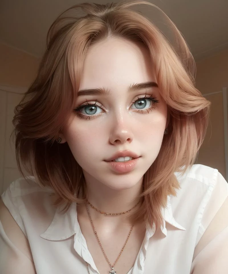 portrait, female facial focus, looking at viewer, close up, parted lips, teeth, neutral expression
alinaodd, 1girl, solo, lips, makeup, eyeshadow, peach hair, long hair, muted lipstick, necklace, dress shirt,
indoors, bedroom,
realistic, skin detail, volumetric lighting
<lora:Alina_V1:0.75>