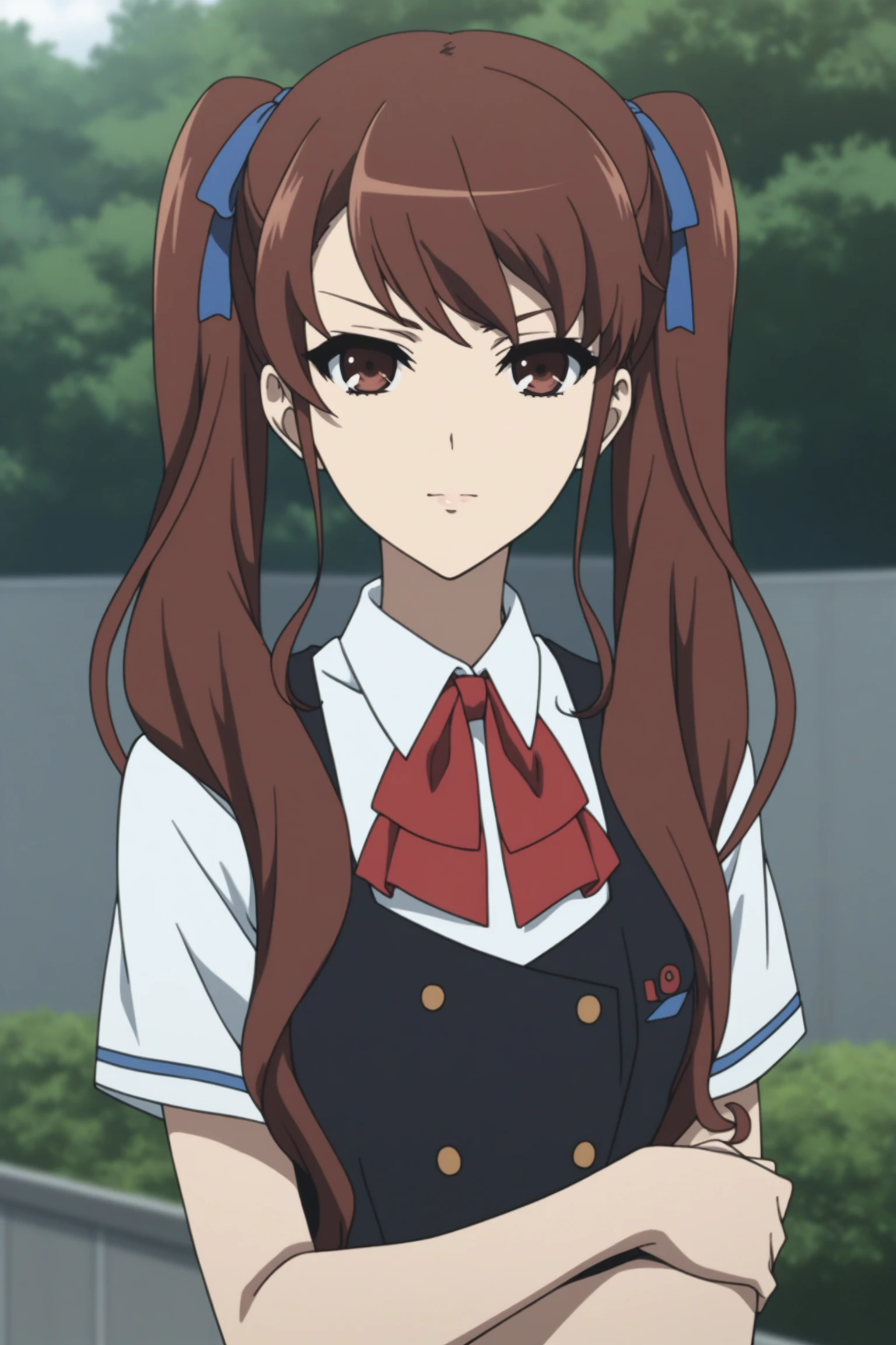 akazawa izumi, brown hair, long hair, twintails, blue hair ribbon, brown eyes, akazawaschoolsum, school uniform, short sleeves, black vest, white shirt, collared shirt, red neckerchief, school emblem, blue skirt, pleated skirt, black thighhighs, loafers, <lora:Izumi_Akazawa:0.9>, score_9, score_8_up, score_7_up, score_6_up, score_5_up, source_anime, rating_safe, medium breasts, outdoors, school, 1girl, solo, looking at viewer, <lora:age_slider_v4:1.5>, (dynamic pose:1.2), (upper body:1.2)