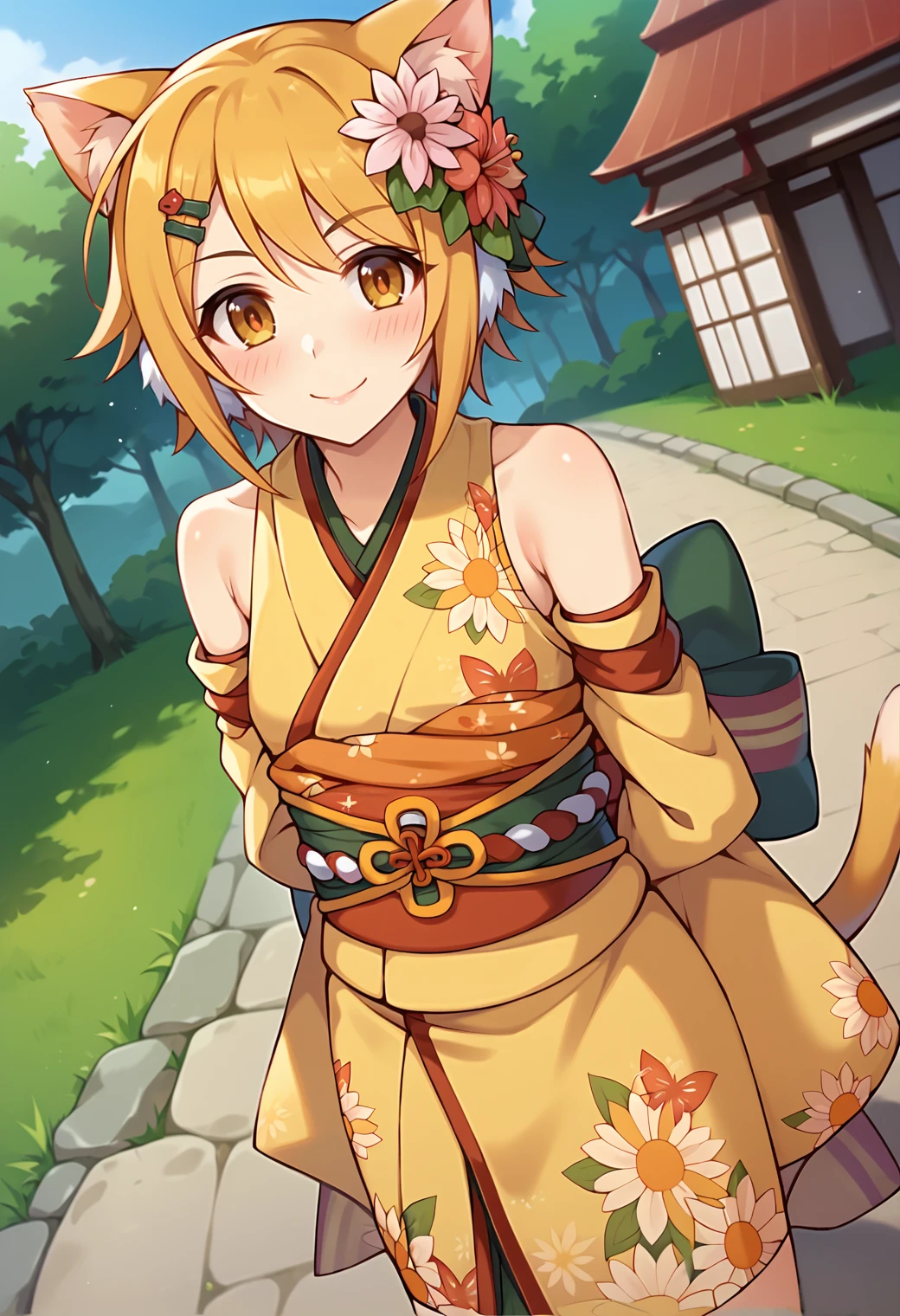 score_9, score_7_up, hd, (ultra hd quality details), source_anime, outdoors, day, temple,
solo, 1girl, pcrhiyo, cat ears, animal ear fluff, cat tail, hiyony, hairclip, hair flower, bare shoulders, yellow kimono, short kimono, obi, floral print, detached sleeves, arms behind back,
looking at viewer, blush, smile, closed mouth, 
standing, dutch angle,
<lora:_hiyoripcr-elesico-ponyr2e12:0.9>