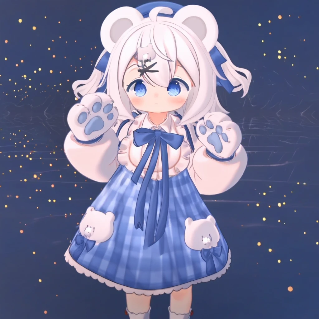 score_9, score_8_up, score_7_up, source_anime, <lora:VRChat_Koalako:1> 1girl, bear_ears, blue_eyes, blue_footwear, animal_ears, solo, hair_ornament, x_hair_ornament, skirt, socks, blue_bow, bow, white_socks, blue_headwear, shirt, closed_mouth, blue_skirt, two_side_up, shoes, hat, white_hair, bear_girl, white_shirt, hairclip, ahoge, virtual_youtuber, plaid, frills, looking_at_viewer, blush, beret, long_hair, hair_between_eyes, ribbon, standing, blue_dress, plaid_skirt, upper_body, dress, bear_hair_ornament, grey_hair, animal_hands, collared_shirt, paw_gloves, long_sleeves