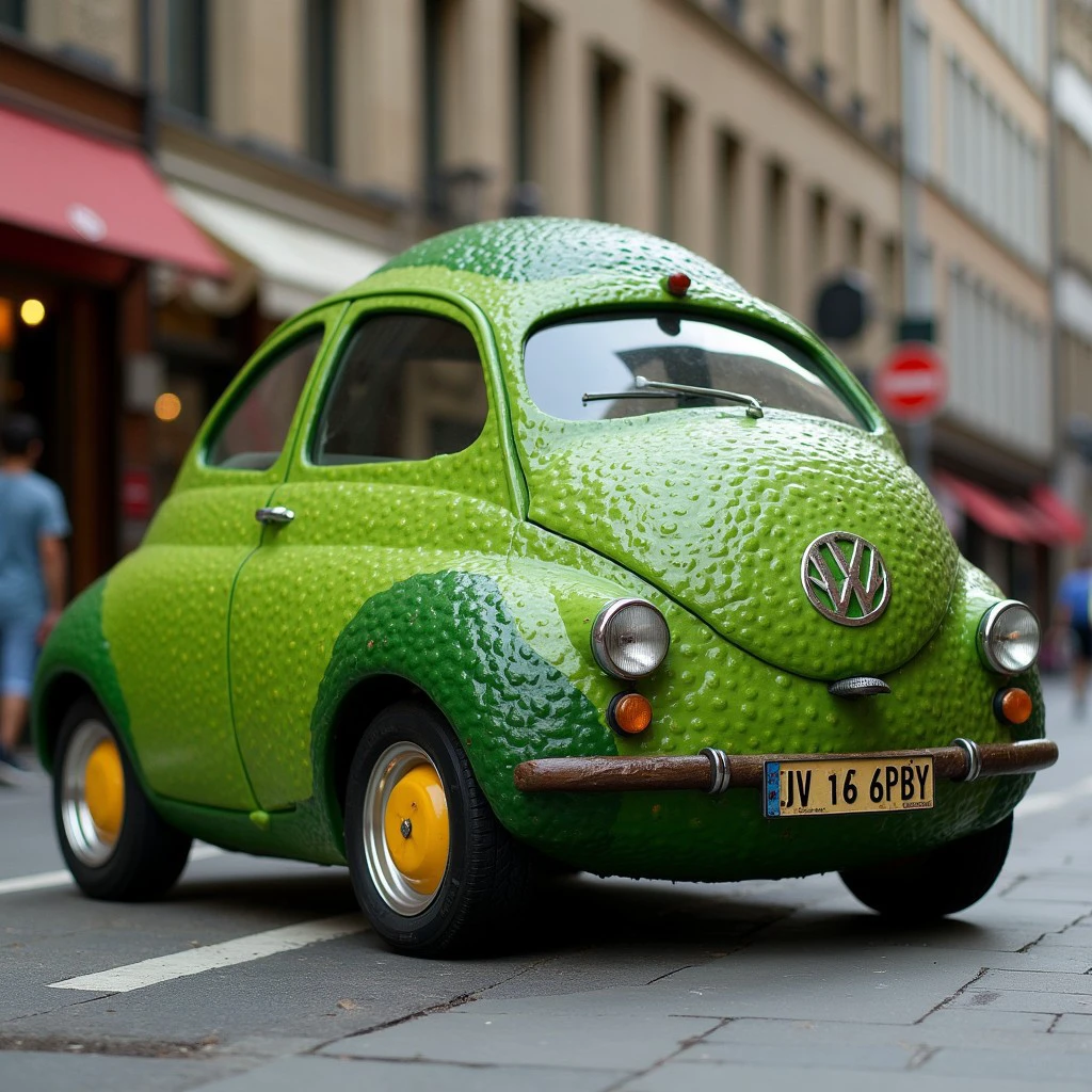 ((avocado shaped car:1.25)), green car, ((peel textured:1.25)), 4 wheels, realistic, vehicle focus, road, building,