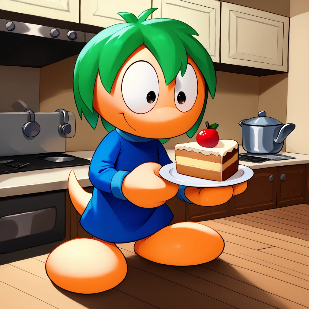 score_9, score_8_up, score_7_up, 1boy,
L3mm1ngs, Green Hair, Toony Feet, Blob Feet, Mitten Hands, Large eyes, blue robe, tail, kitchen, holding a slice of cake on a plate