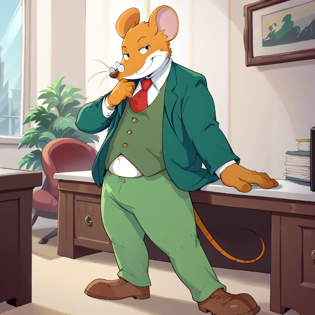 <lora:Geronimo_Stilton_-_Pony_XL:1> score_5_up, Score_6_up, Score_7_up, Geronimo stilton, 1boy, solo, male, furry, orange fur, white belly, white muzzle, whiskers, glasses, red necktie, green jacket, green vest, green pants, brown shoes, rat tail, black eyes, standing, office, adjusting clothes, smirk,