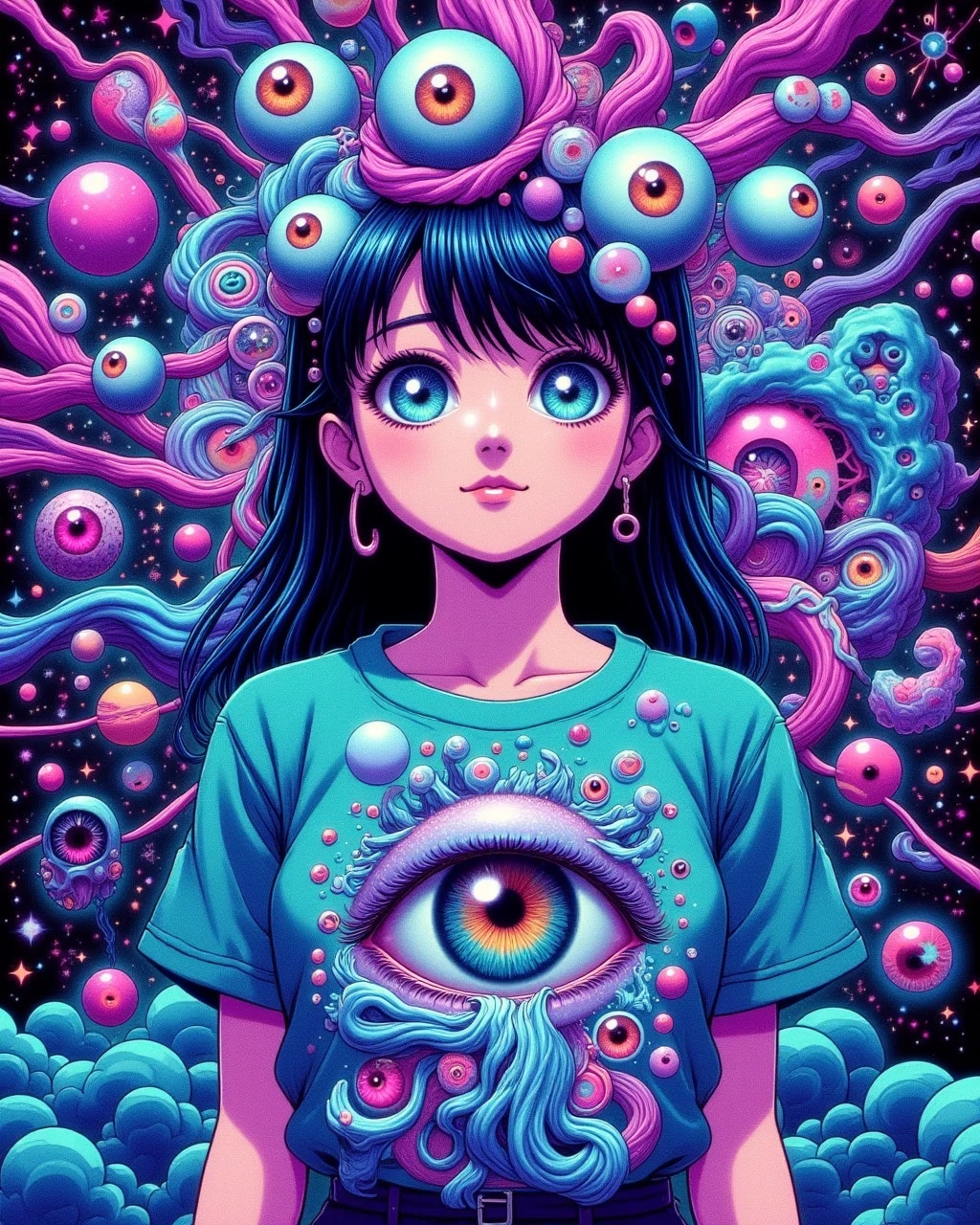 aiai-B1ngLucid, a girl wearing a cosmic t-shirt which opens up to another universe, a large eye is looking out