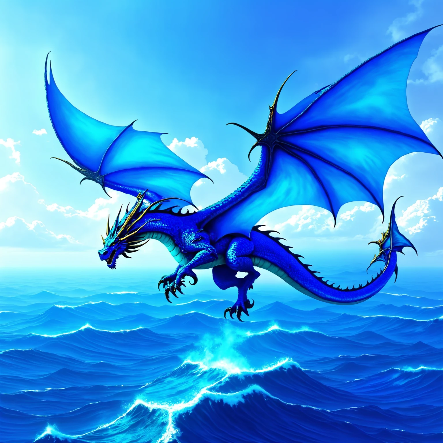 (a giant winged blue dragon), (is flying over the vast ocean), <lora:epwsdxl:0.8>, elementalplanewater, best quality, masterpiece, 4k, uncensored, prefect lighting, rating_explicit, very aesthetic, detailed, <lora:add_details_xl:0.6>, very detailed, <lora:SDXLHighDetail_v5:0.6>