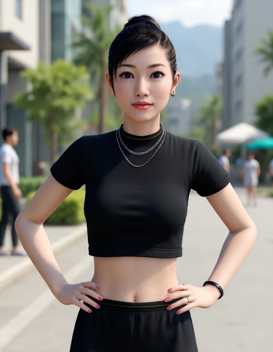 <lora:Chitose_Fujinomiya-000033:0.9> Half-body photo of Chitose Fujinomiya with ponytail on the street. Her hands are on her hips. She is wearing black short-sleeved crop top and black training pants.