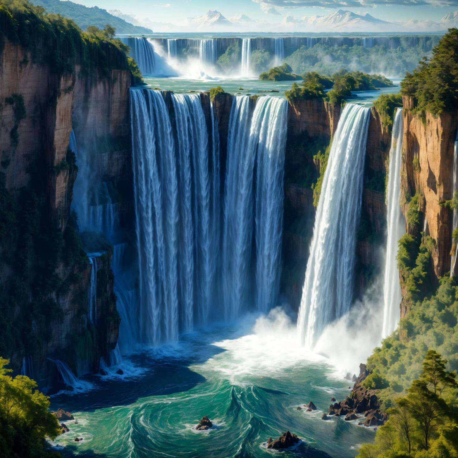 (many large waterfalls), (are roaring down from a tall cliff), (into a large lake), <lora:pwepwv2:1>, elementalplanewater, <lora:more_details:0.6>, high quality, highres, masterpiece, best quality, 8k, intricate, detailed, <lora:add_detail:0.6>, very detailed