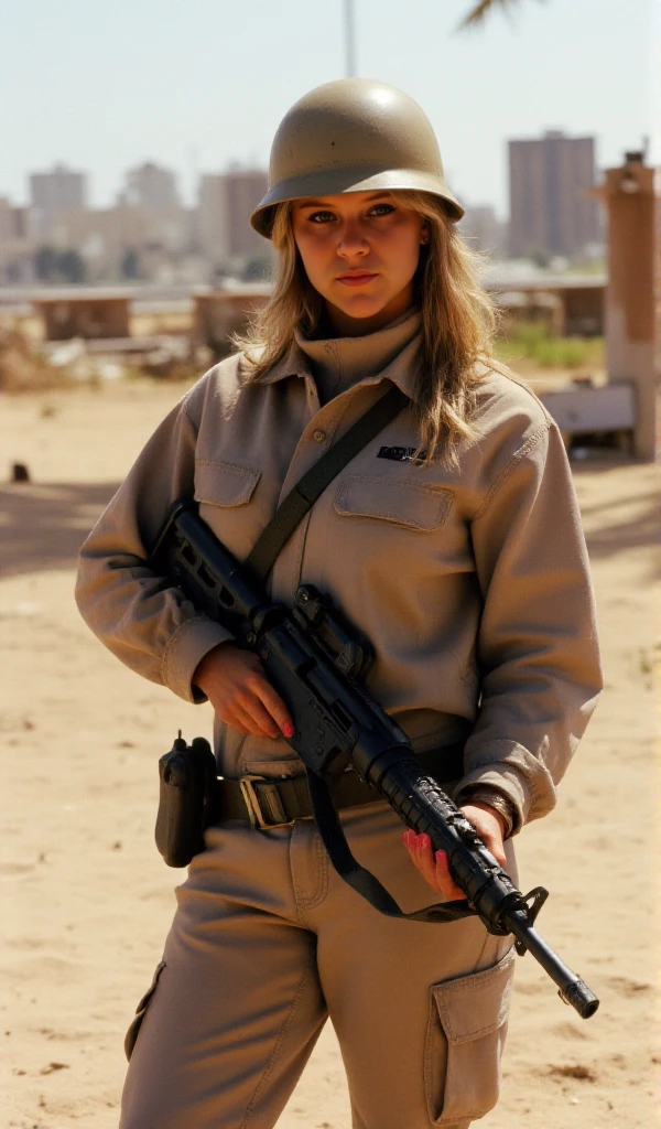 Samantha Fox is a soldier. She wears a desert camouflage helmet and a desert camouflage uniform. She holds a machinegun. She is in a war in a city in ruins in the desert <lora:Samantha_Fox:0.9>