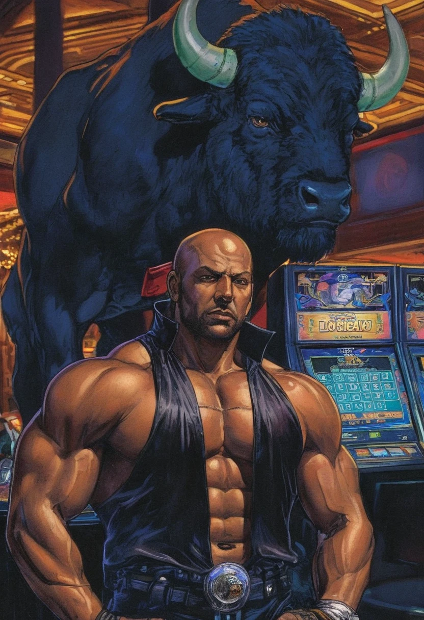 Big Lenny,man, looks, looks Latino, looks Latino, Masamune Shirow, looks at Lucky 38 Casino staring at Buffalo<lora:Big Lenny SDXL:0.9>