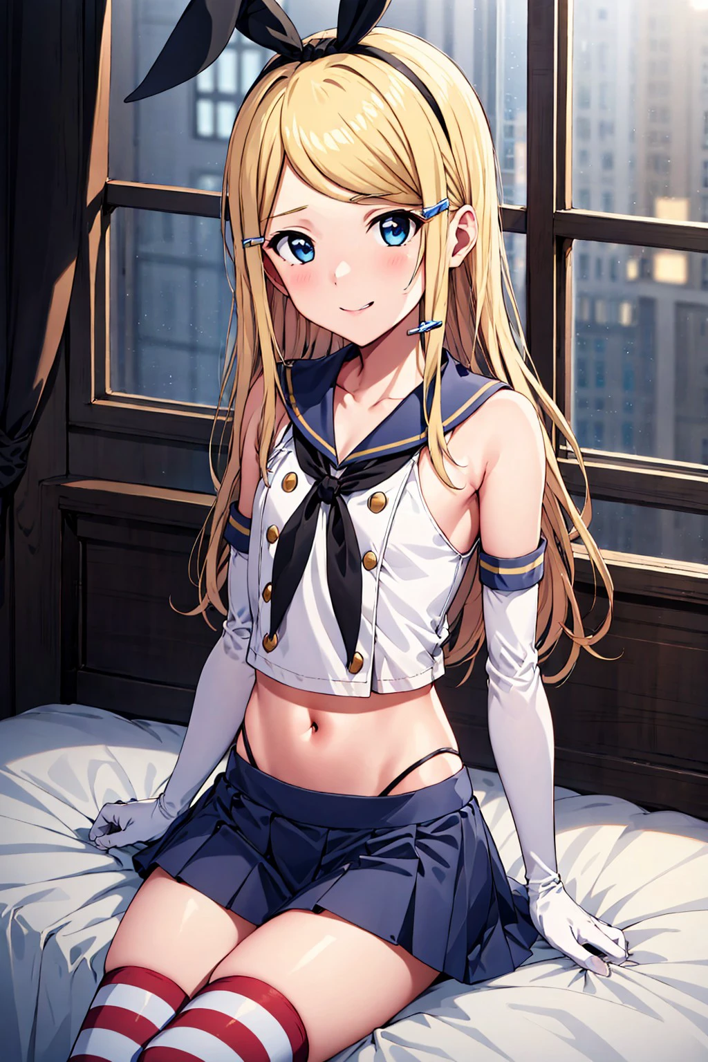 (1girl, solo), looking at viewer, blonde hair, long hair, straight hair, blue eyes, swept bangs, hairpin, white barrettes, slender, front lit, (smile:0.8), sidelocks, haruno saya, (flat color:1.2), shimacos, crop top, microskirt, thighhighs, elbow gloves, black rabbit hairband, bedroom, sitting, on bed, <lora:e4661f89-3577-483e-846f-0ab5a1583fa2:0.7>, <lora:shimakazeCosplayOutfit_v10:0.7>